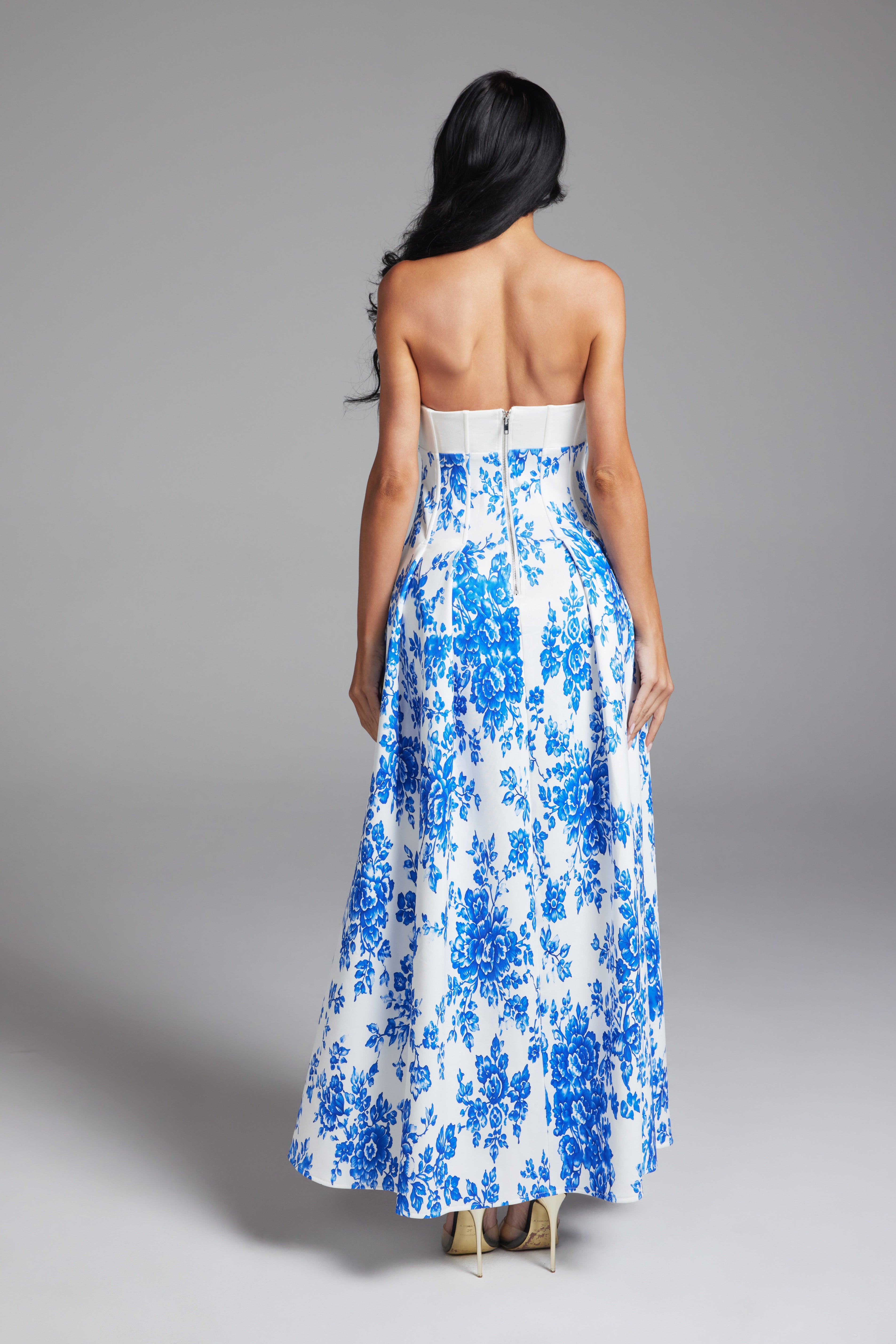 Floral Print Strapless Cutout Maxi Dress with Pleated A-Line