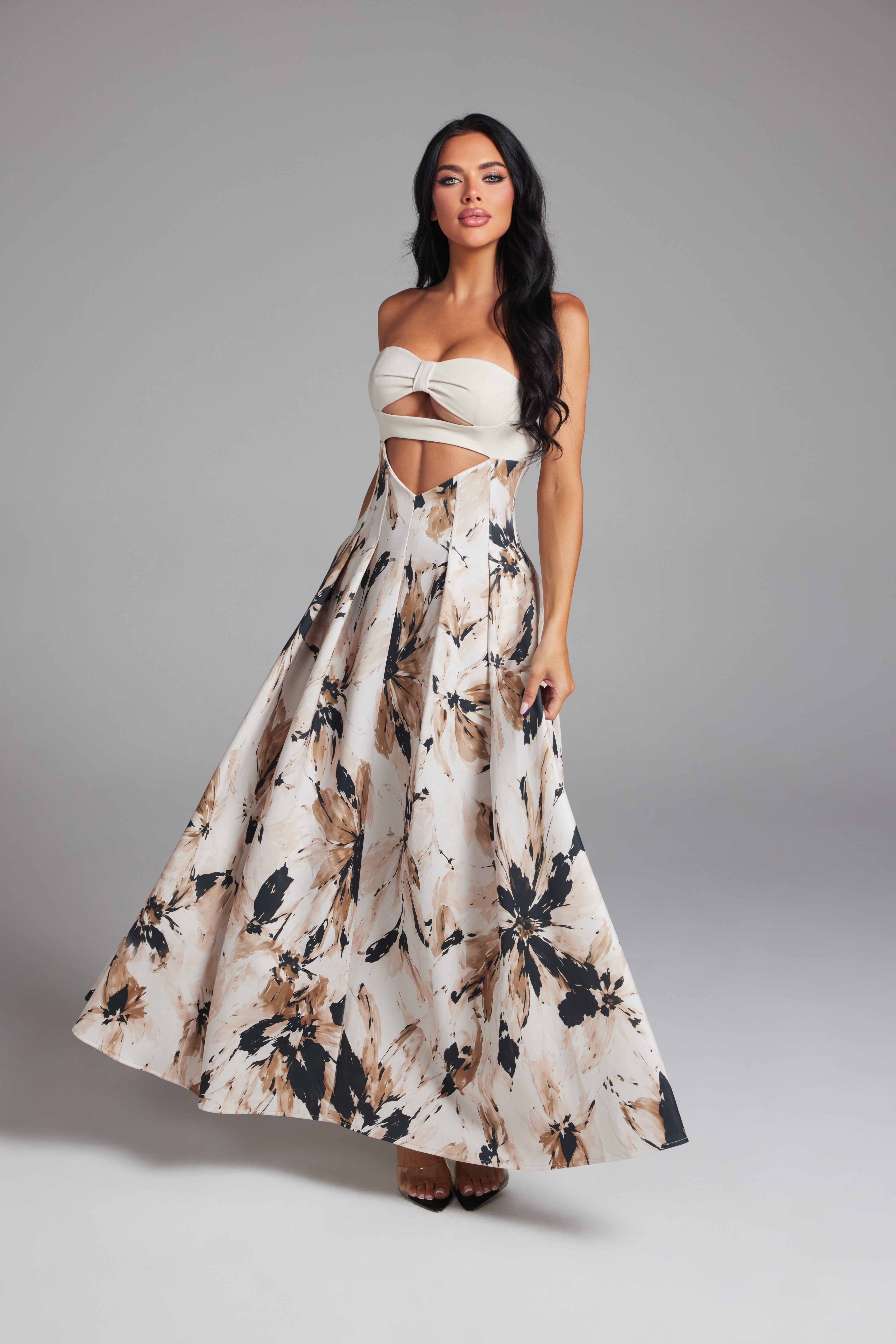 Floral Print Strapless Cutout Maxi Dress with Pleated A-Line