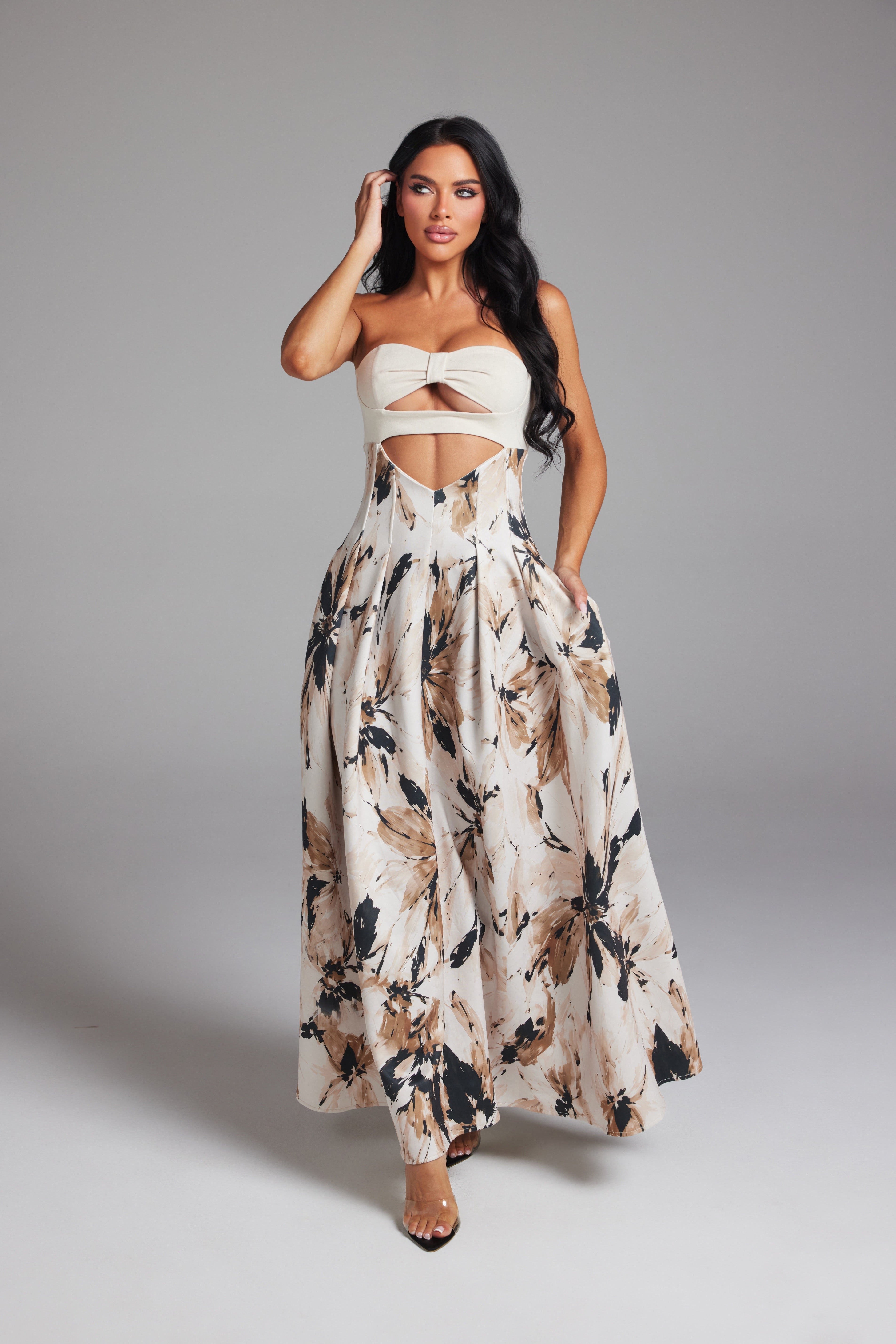 Floral Print Strapless Cutout Maxi Dress with Pleated A-Line