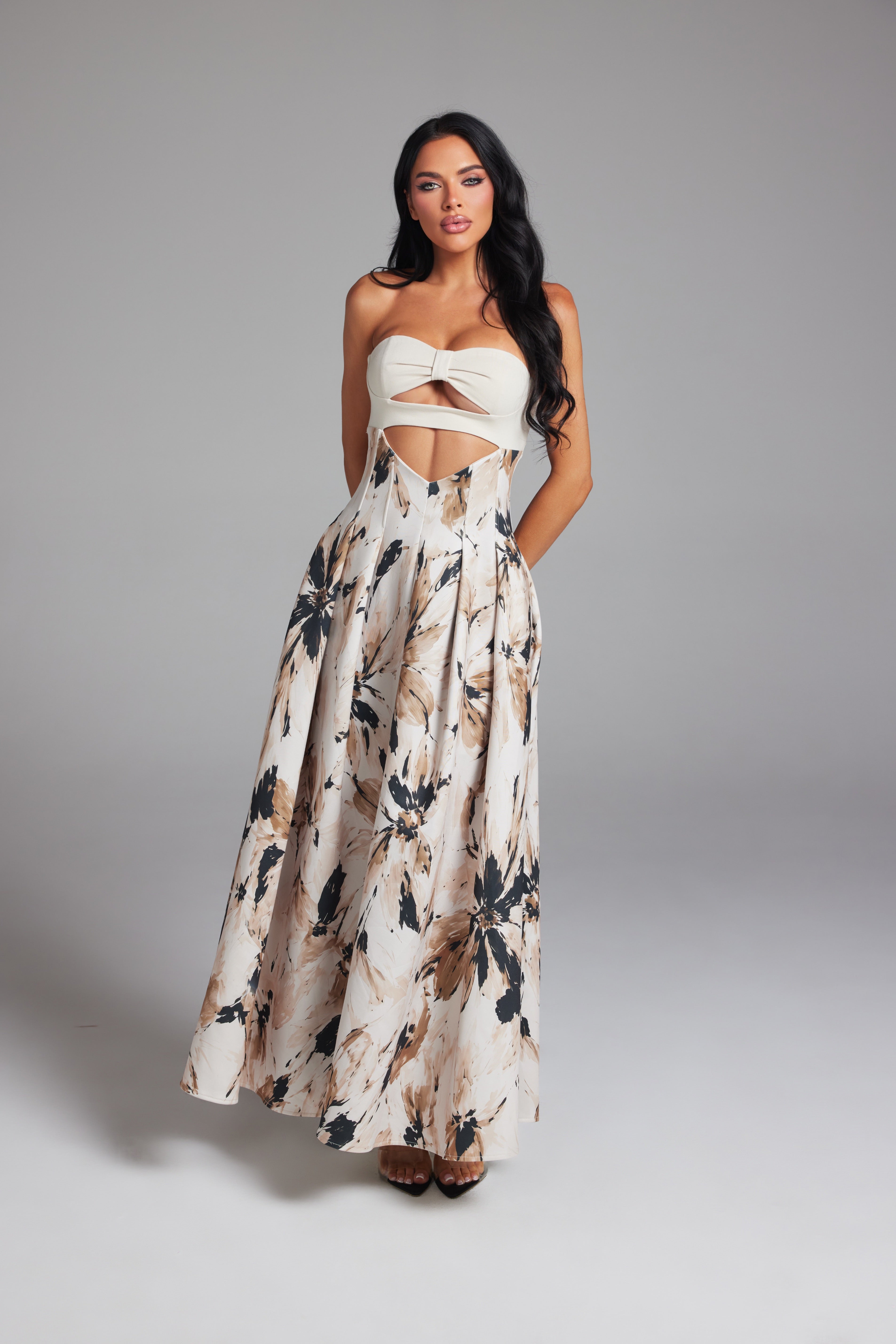 Floral Print Strapless Cutout Maxi Dress with Pleated A-Line