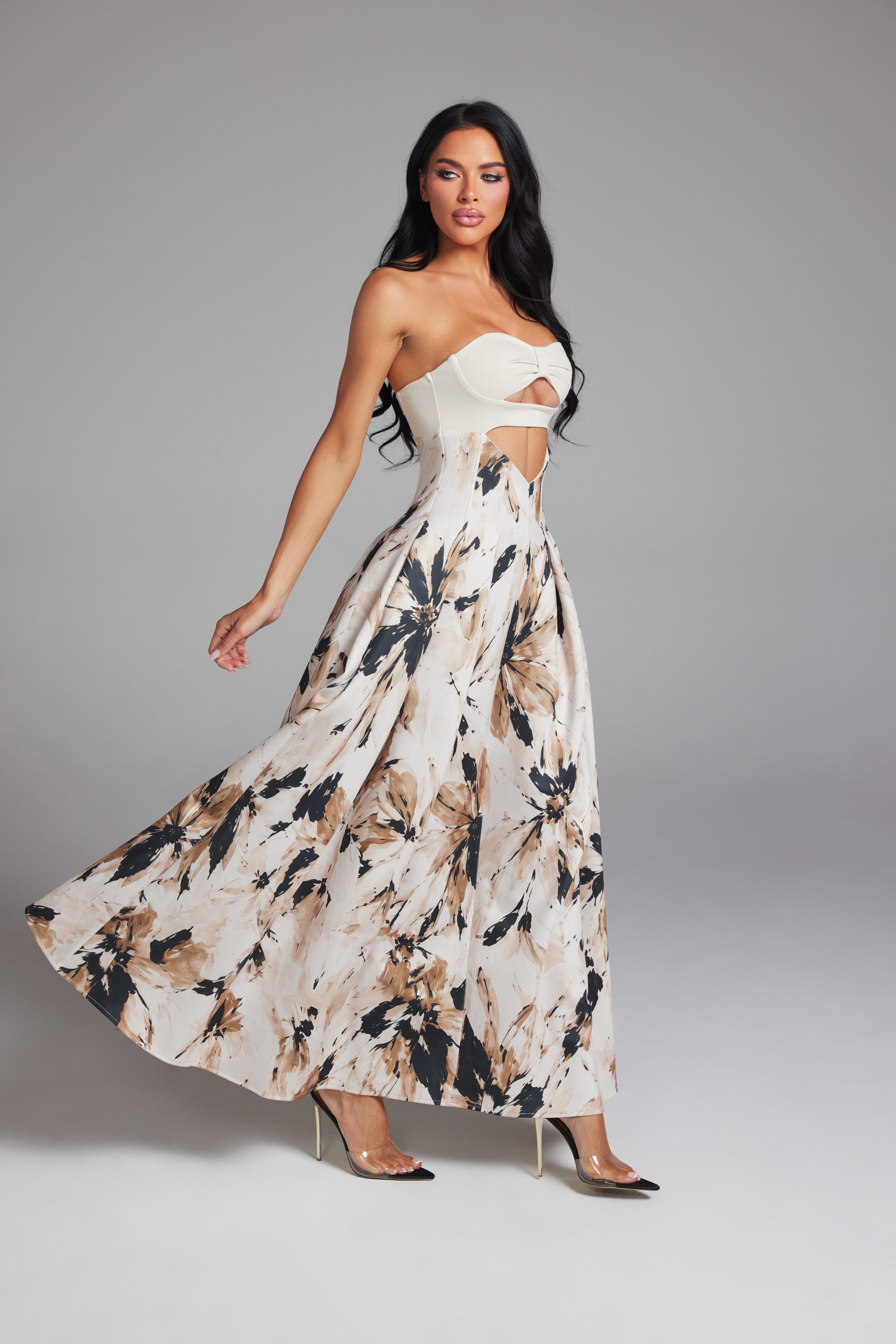 Floral Print Strapless Cutout Maxi Dress with Pleated A-Line