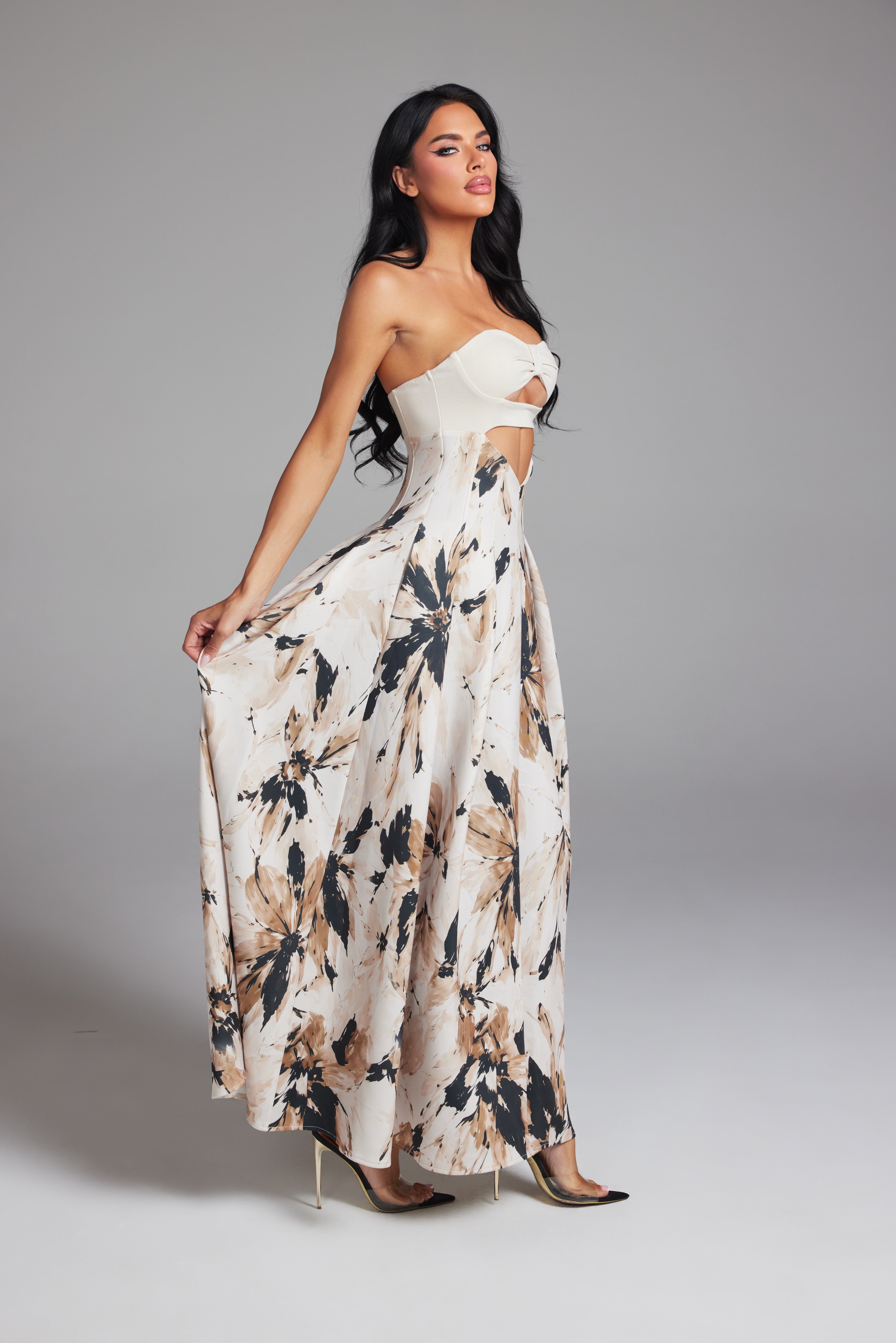 Floral Print Strapless Cutout Maxi Dress with Pleated A-Line