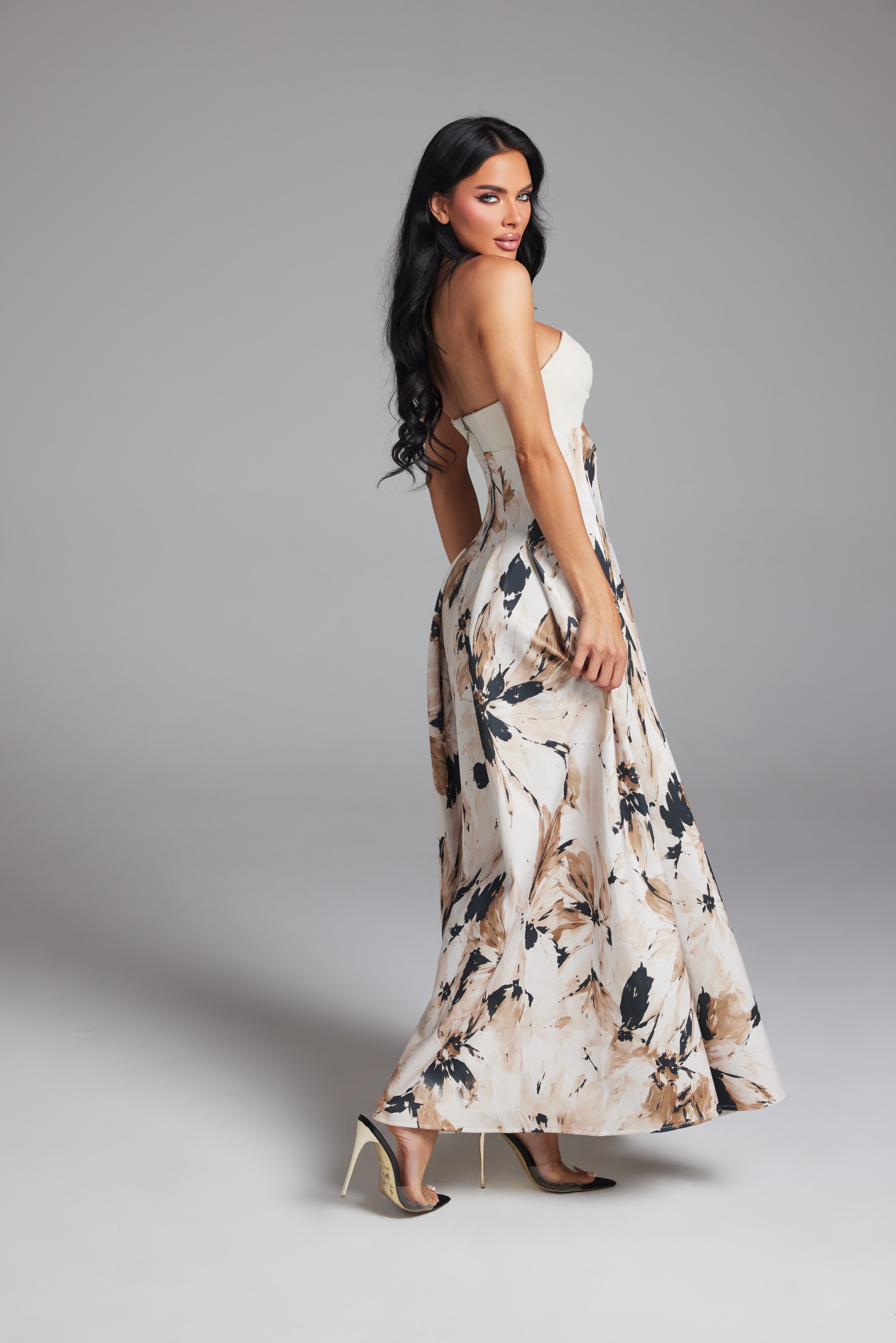 Floral Print Strapless Cutout Maxi Dress with Pleated A-Line