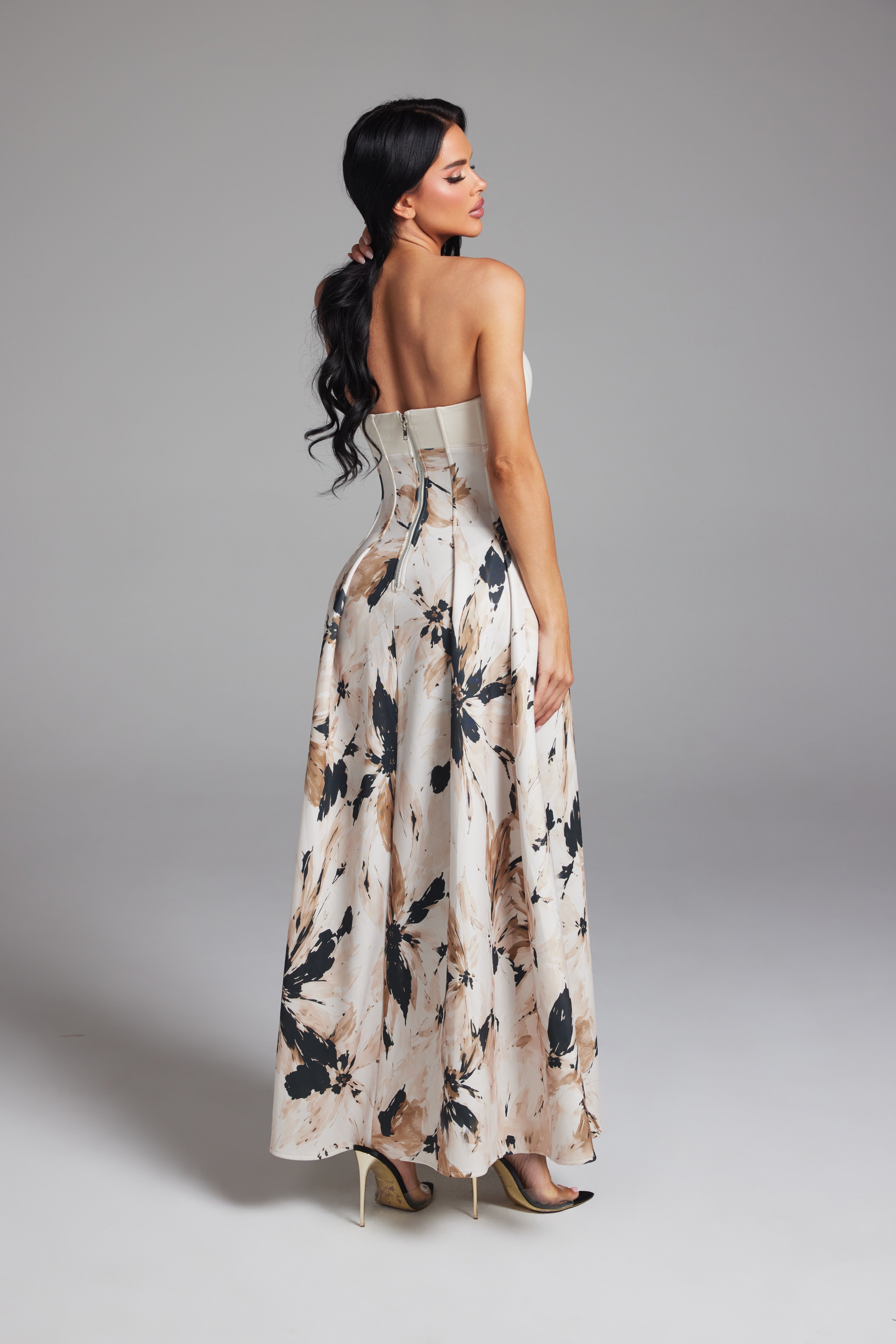 Floral Print Strapless Cutout Maxi Dress with Pleated A-Line