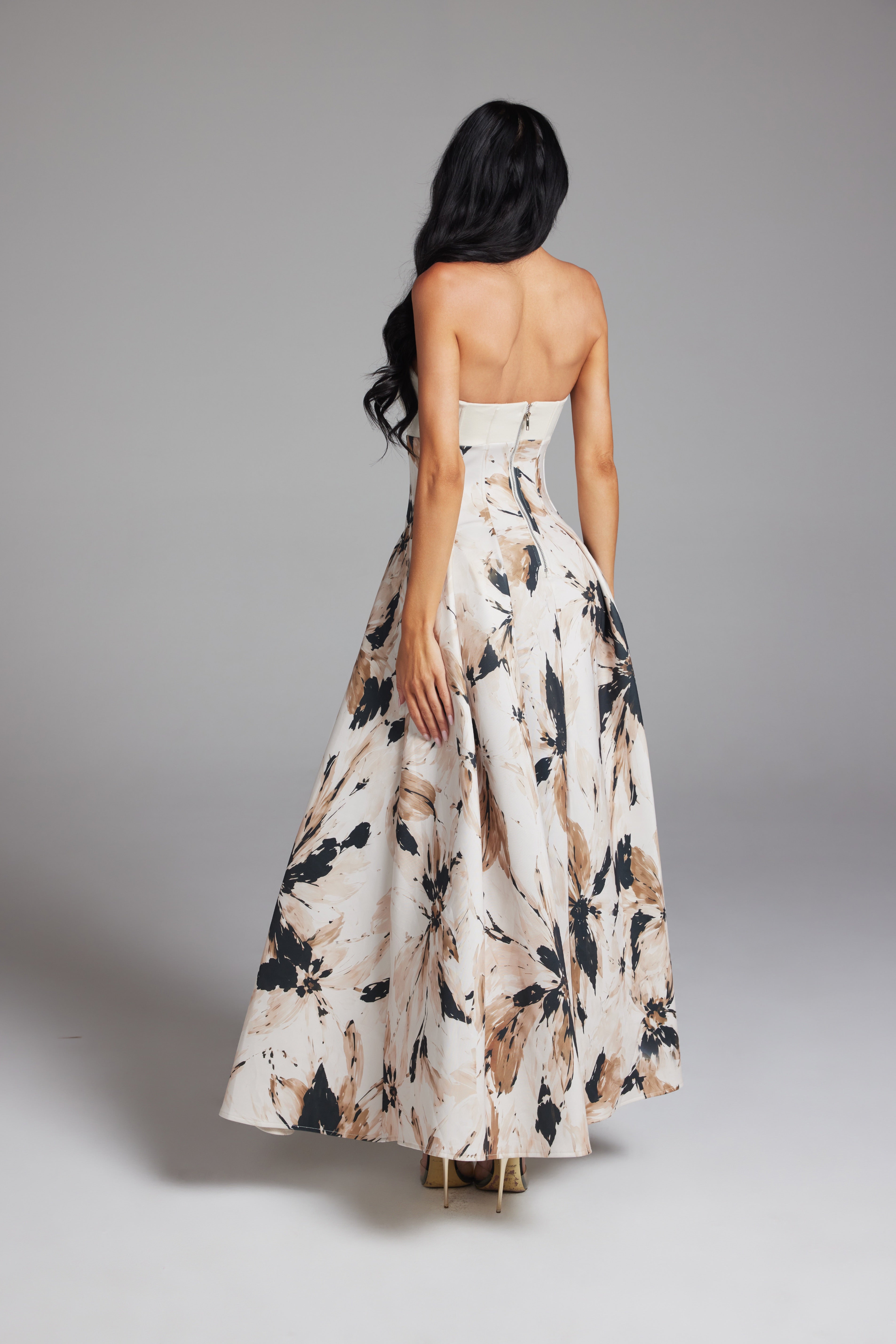 Floral Print Strapless Cutout Maxi Dress with Pleated A-Line
