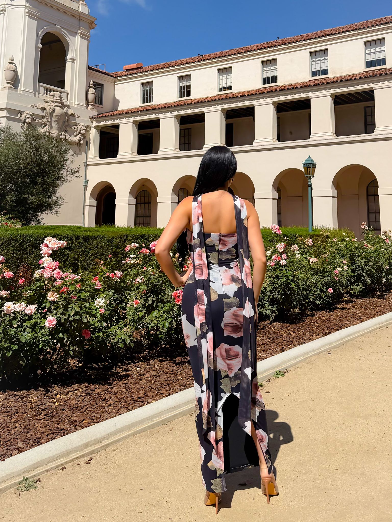 Corset Printed Floral Midi Dress with Scarf