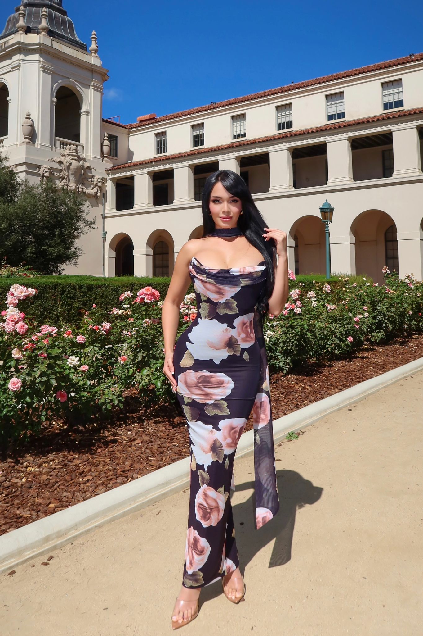 Corset Printed Floral Midi Dress with Scarf
