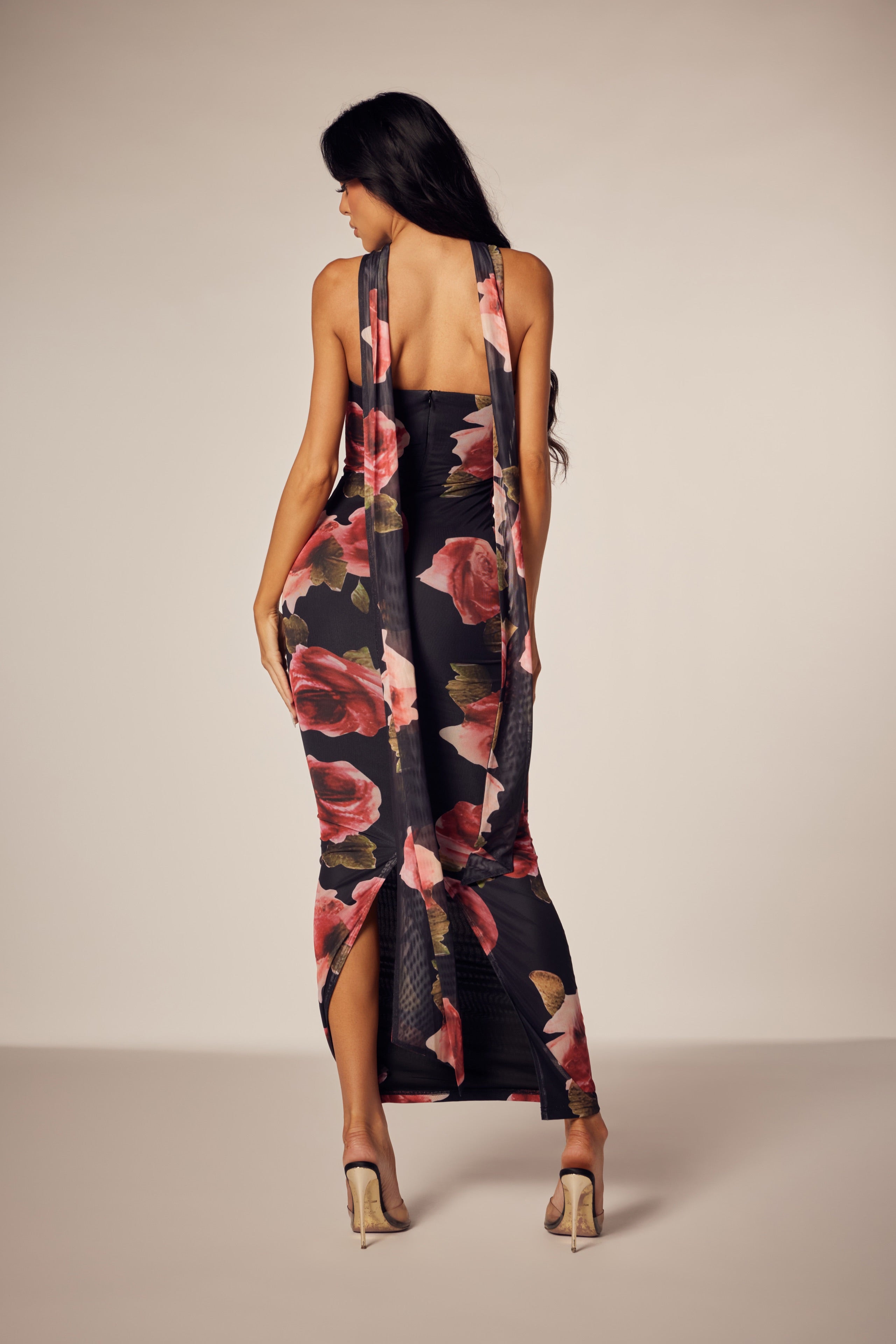Corset Printed Floral Midi Dress with Scarf