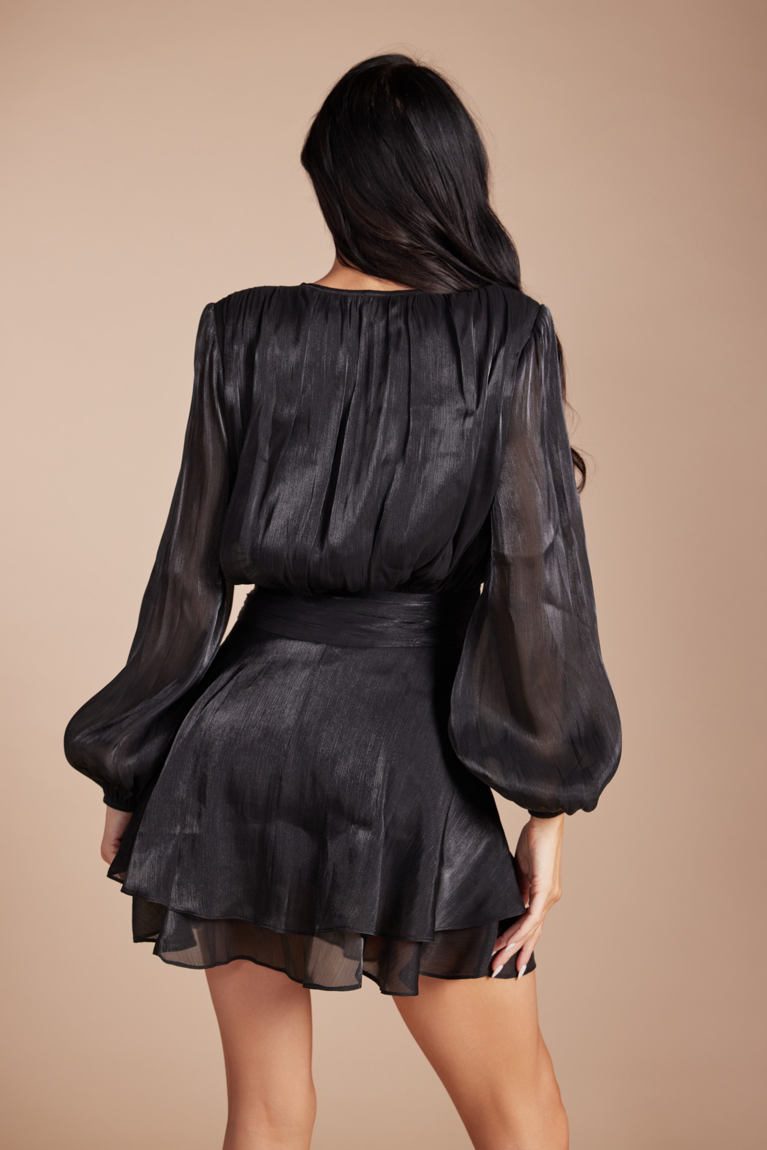 Metallic Sheen Tiered Ruffle Mini Dress Elegant Long Sleeve