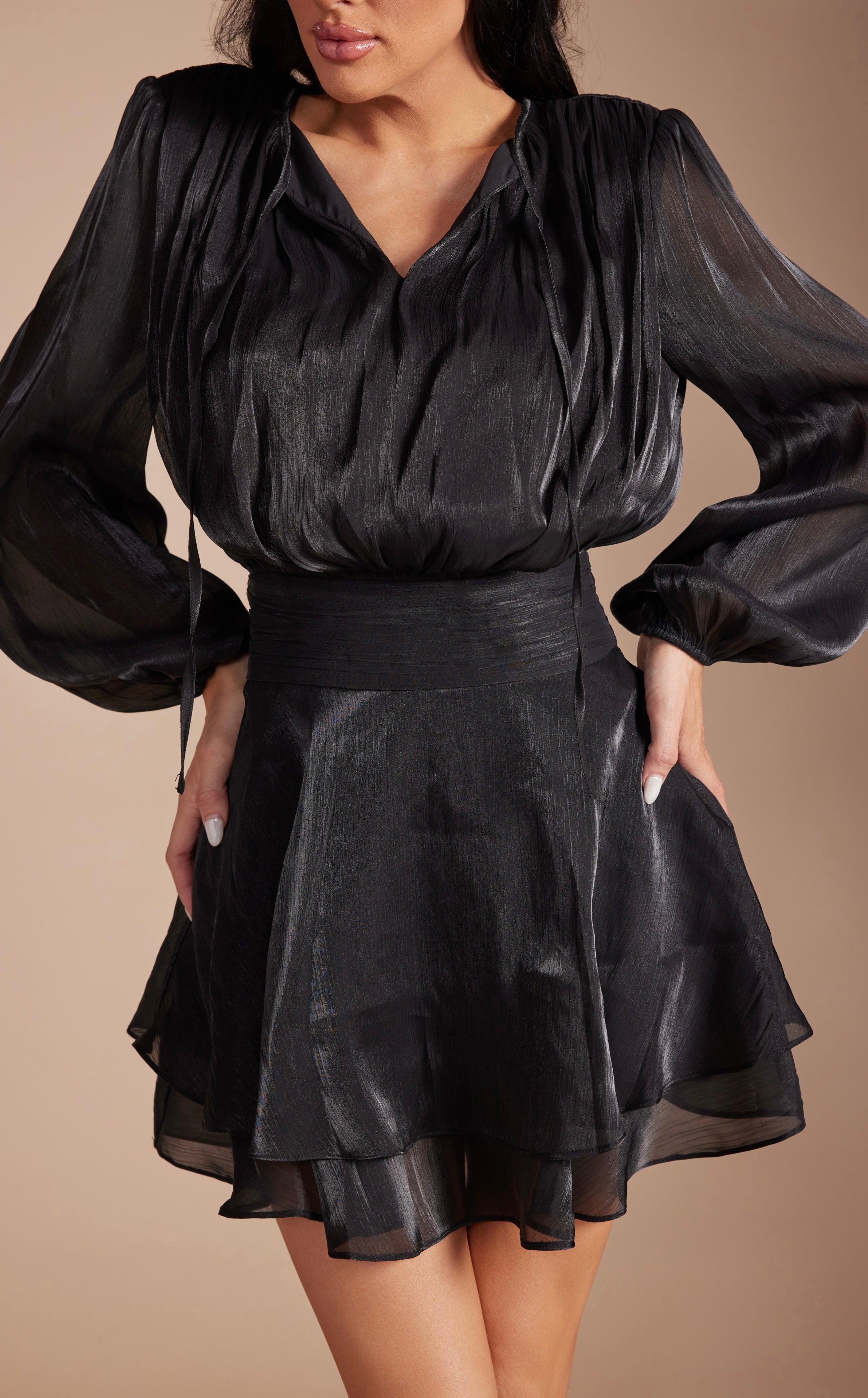 Metallic Sheen Tiered Ruffle Mini Dress Elegant Long Sleeve