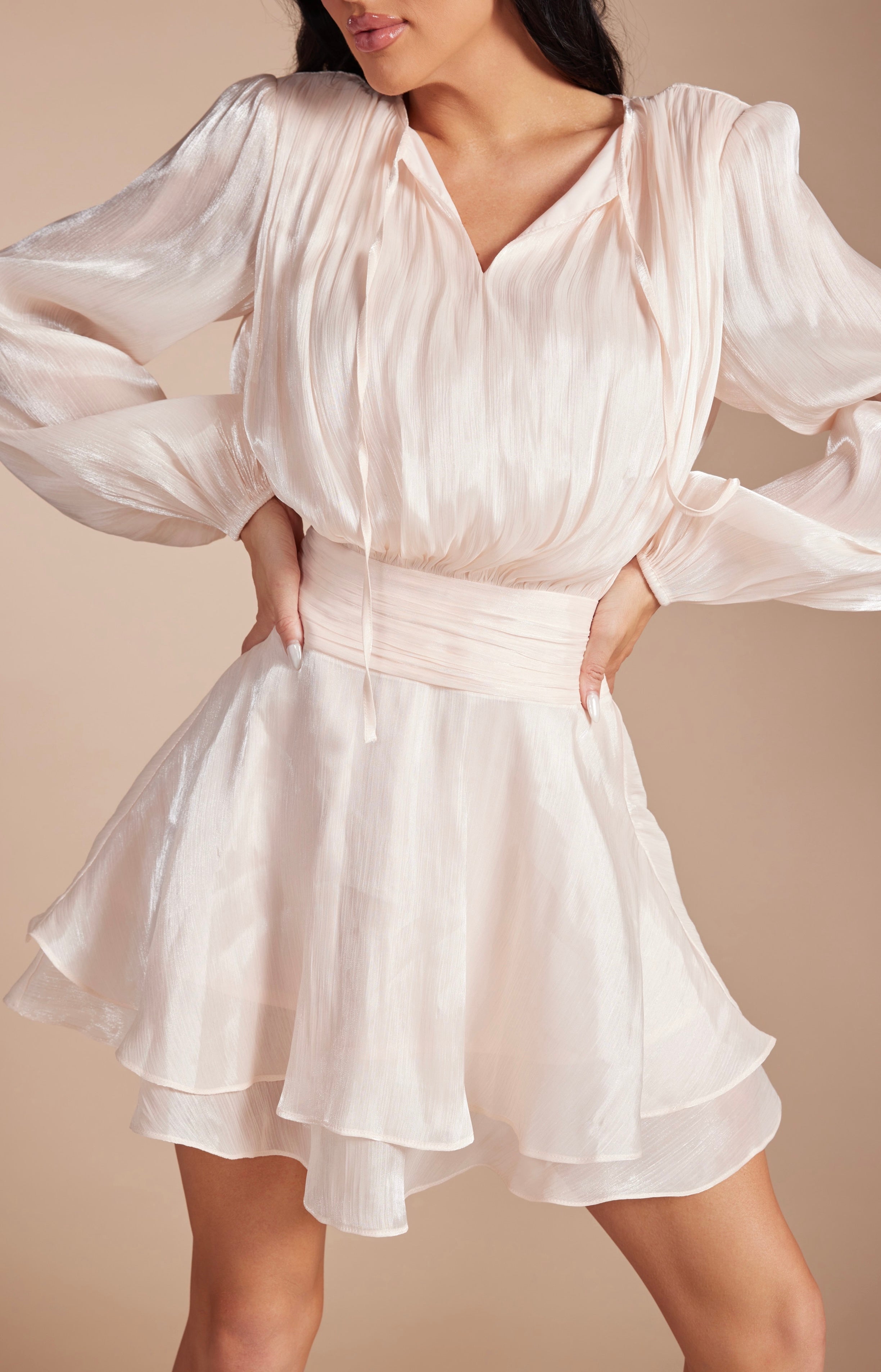 Metallic Sheen Tiered Ruffle Mini Dress Elegant Long Sleeve