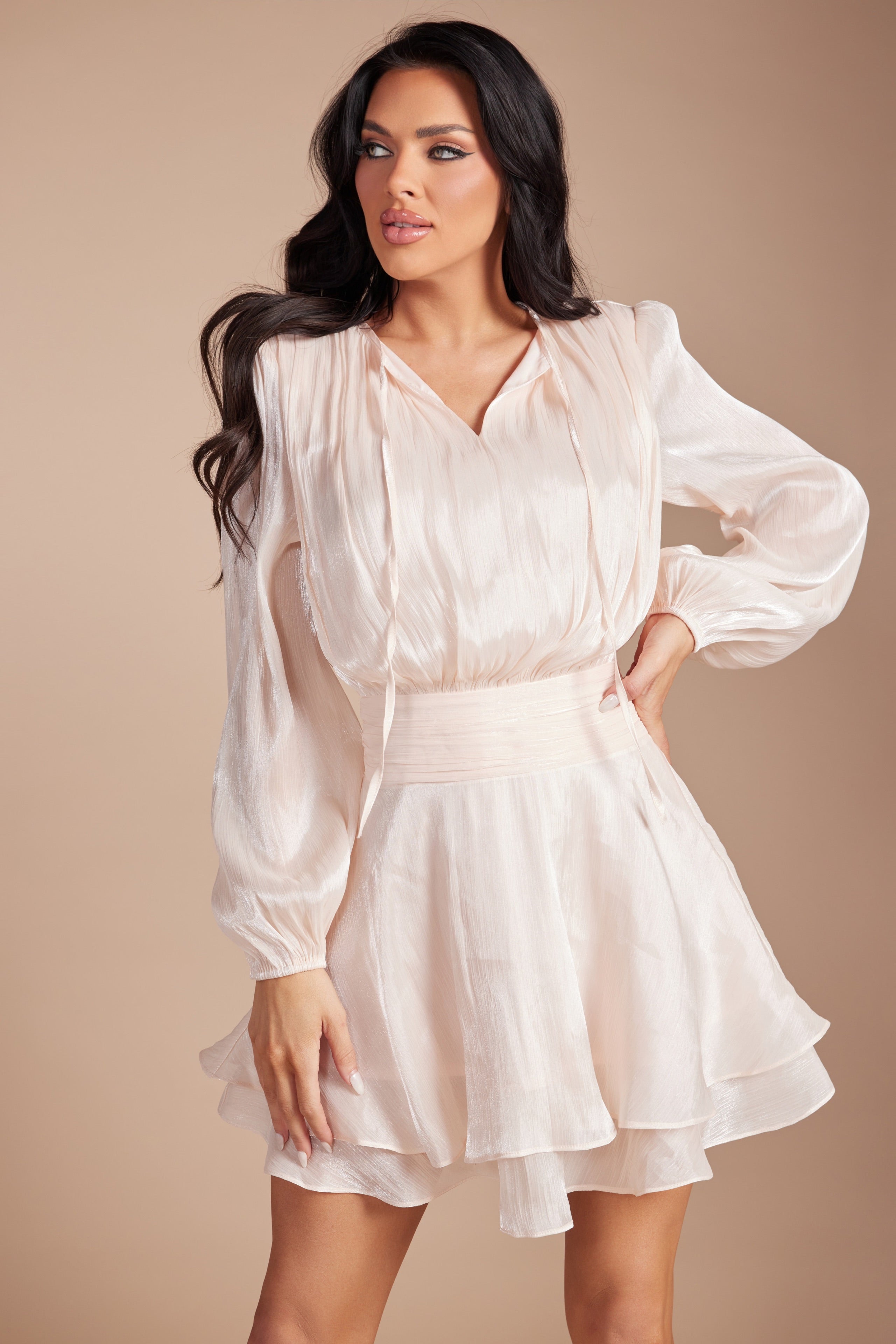 Metallic Sheen Tiered Ruffle Mini Dress Elegant Long Sleeve