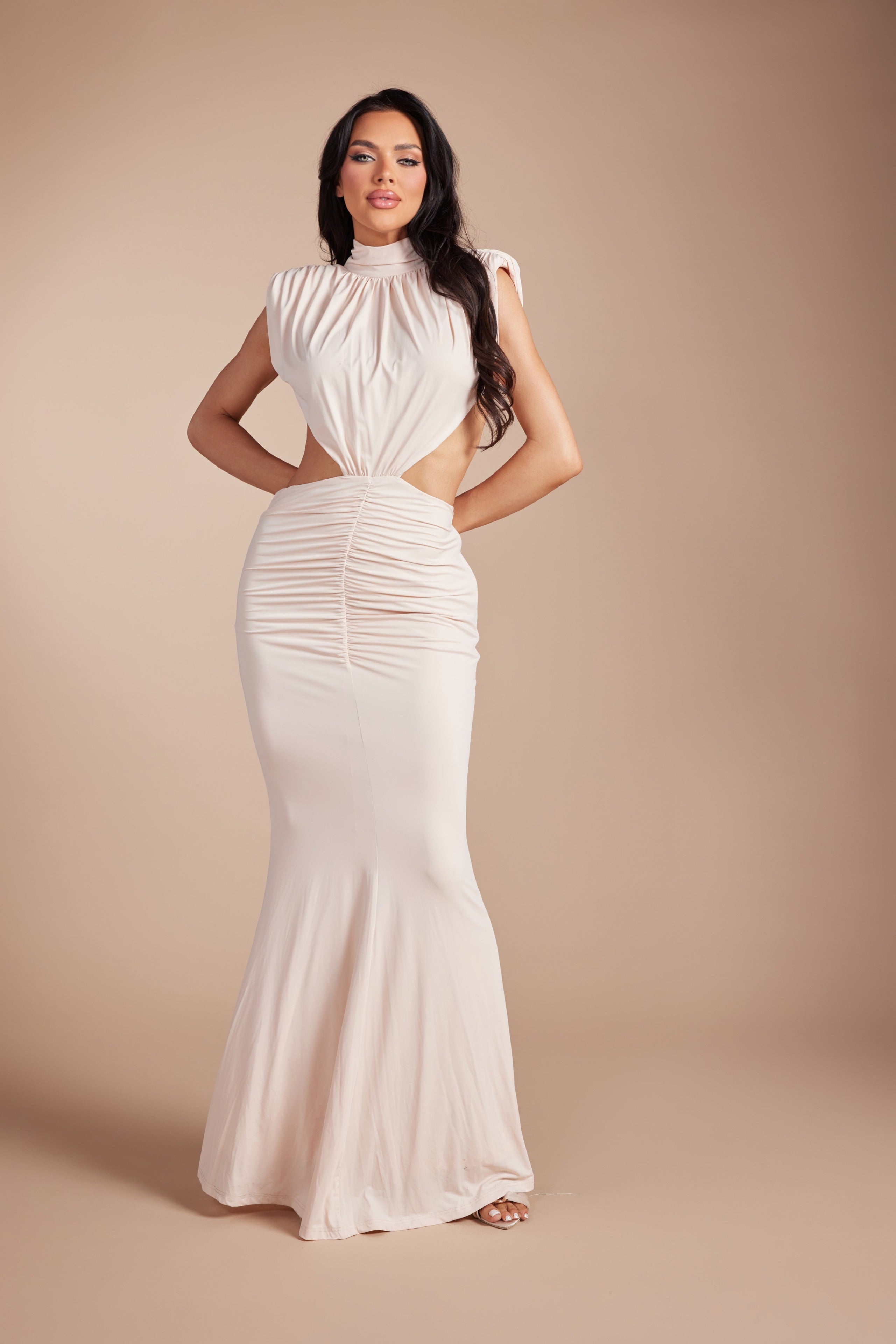 High Neck Cutout Maxi Dress with Ruched Skirt ruffle detail