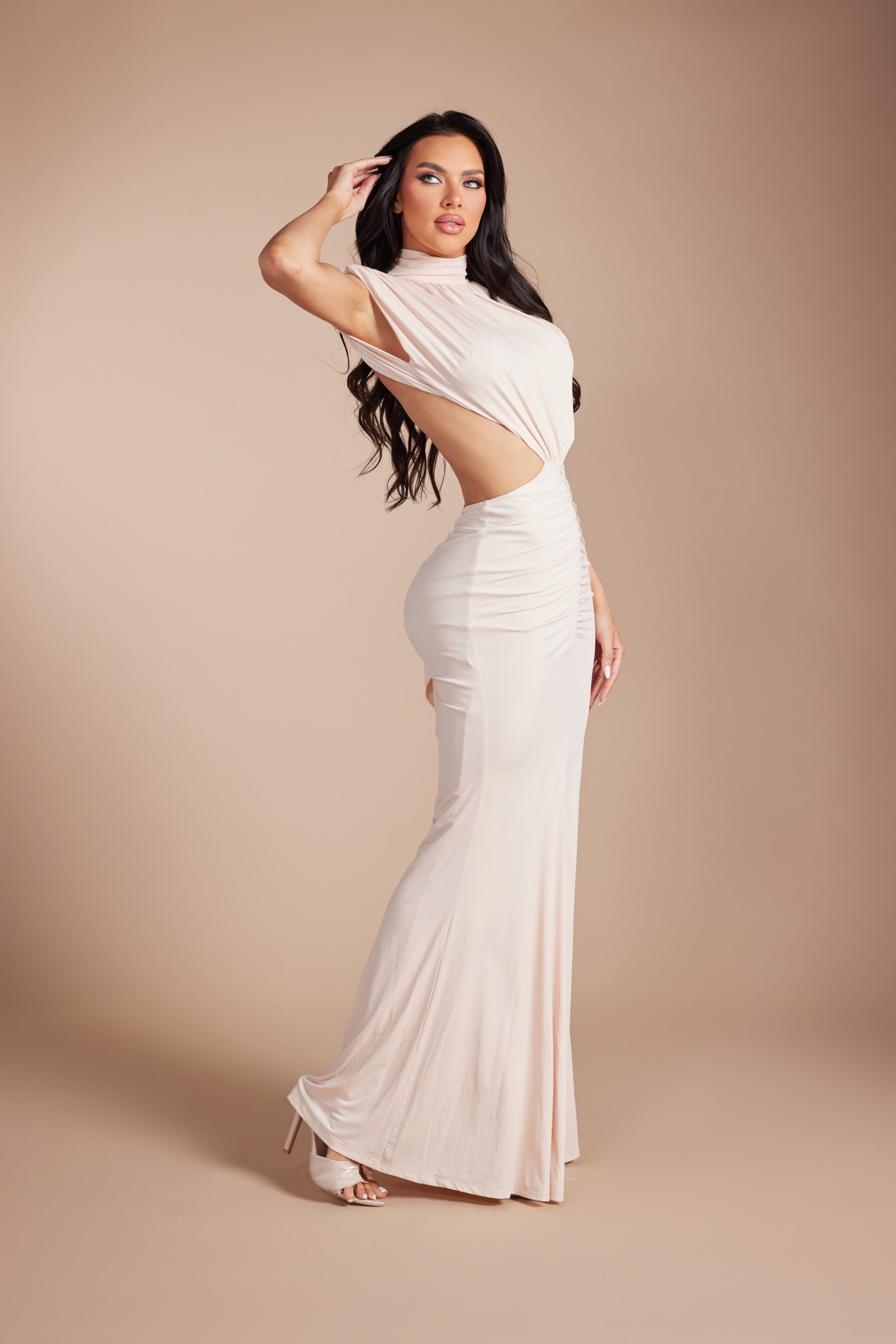 High Neck Cutout Maxi Dress with Ruched Skirt ruffle detail