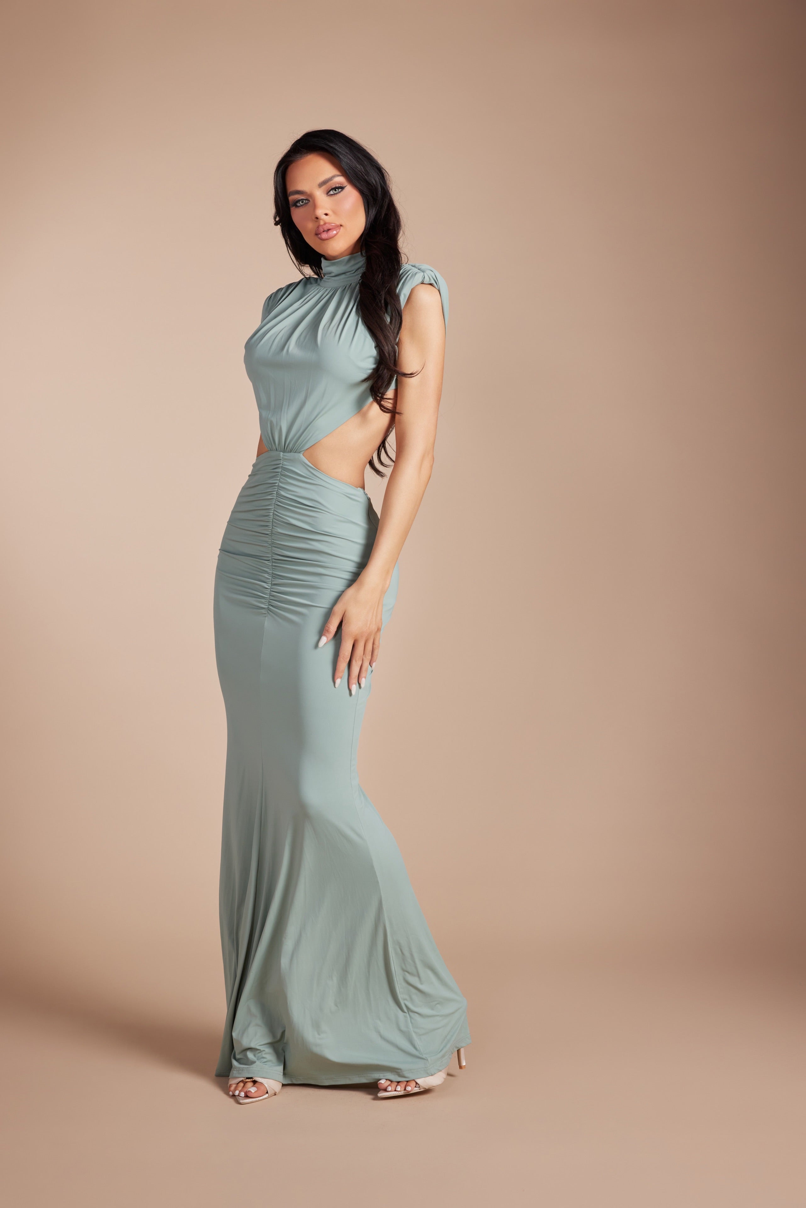 High Neck Cutout Maxi Dress with Ruched Skirt ruffle detail