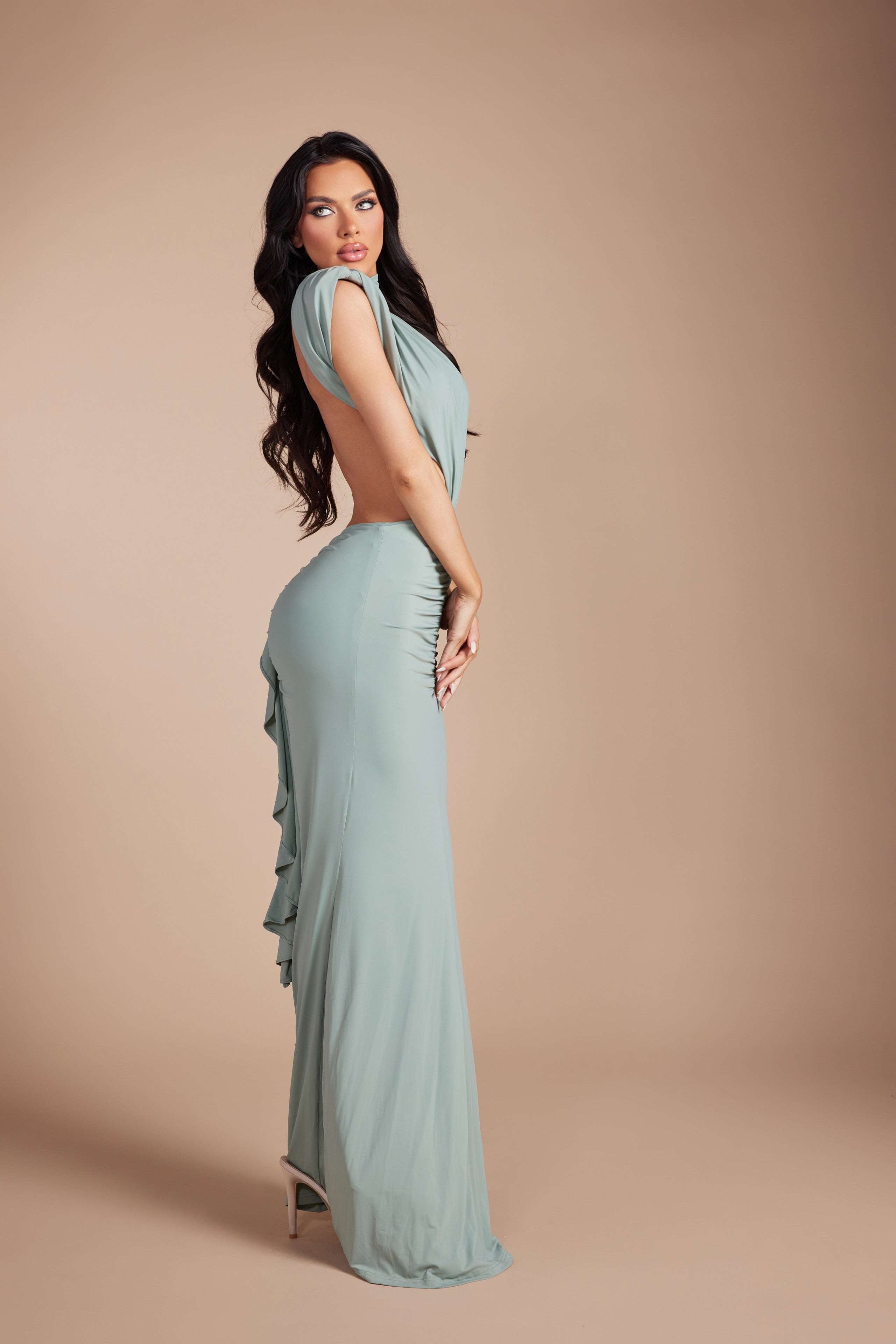 High Neck Cutout Maxi Dress with Ruched Skirt ruffle detail