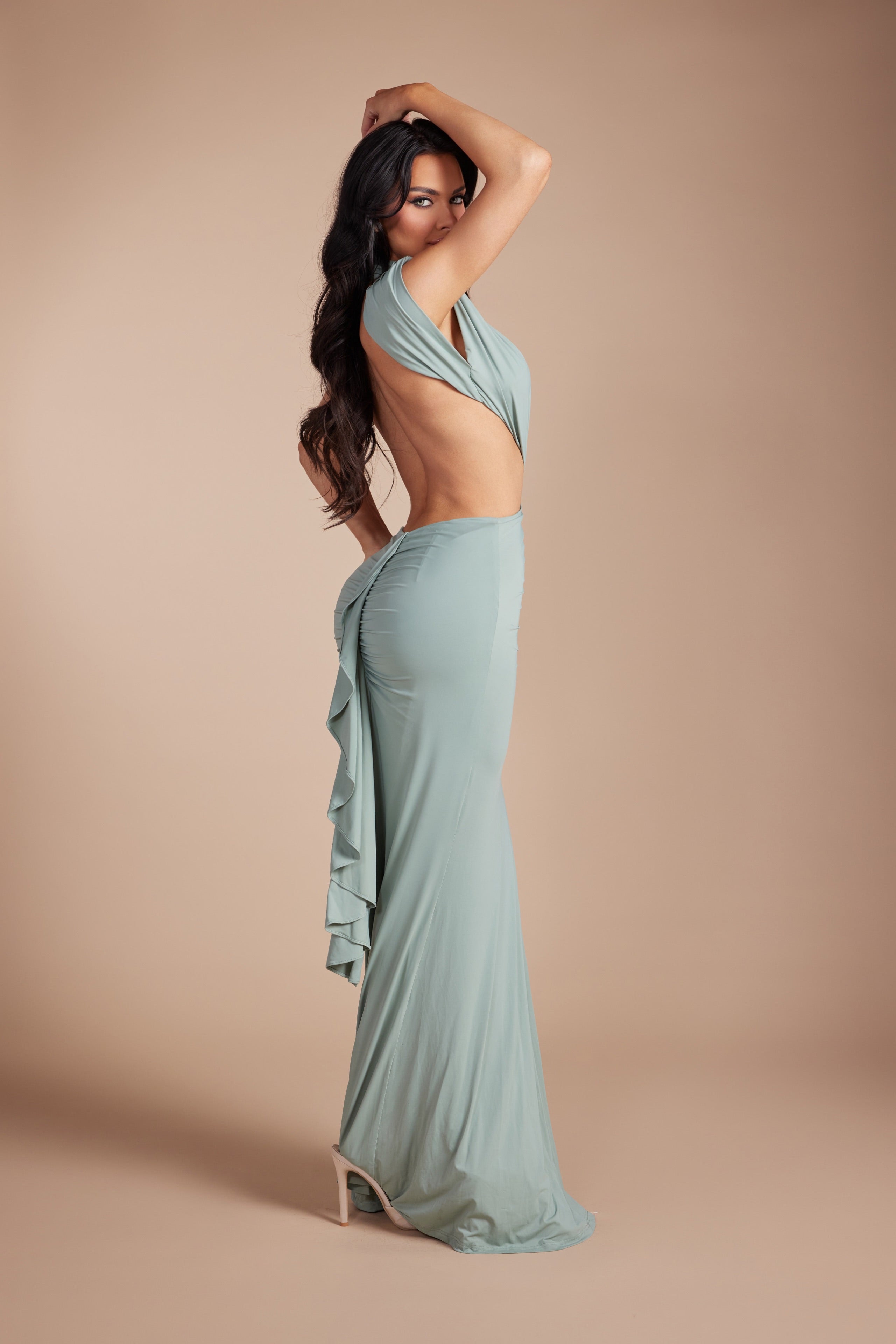 High Neck Cutout Maxi Dress with Ruched Skirt ruffle detail