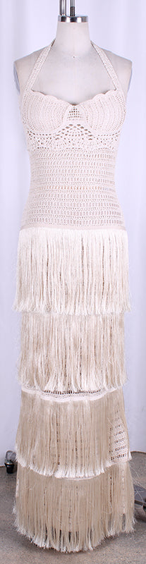 Tiered Fringe & Crochet Halter Neck Maxi Dress - Natural