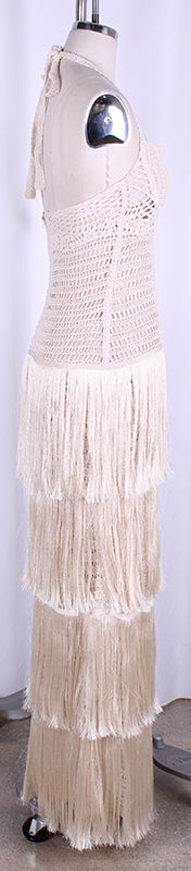 Tiered Fringe & Crochet Halter Neck Maxi Dress - Natural