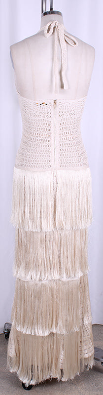 Tiered Fringe & Crochet Halter Neck Maxi Dress - Natural