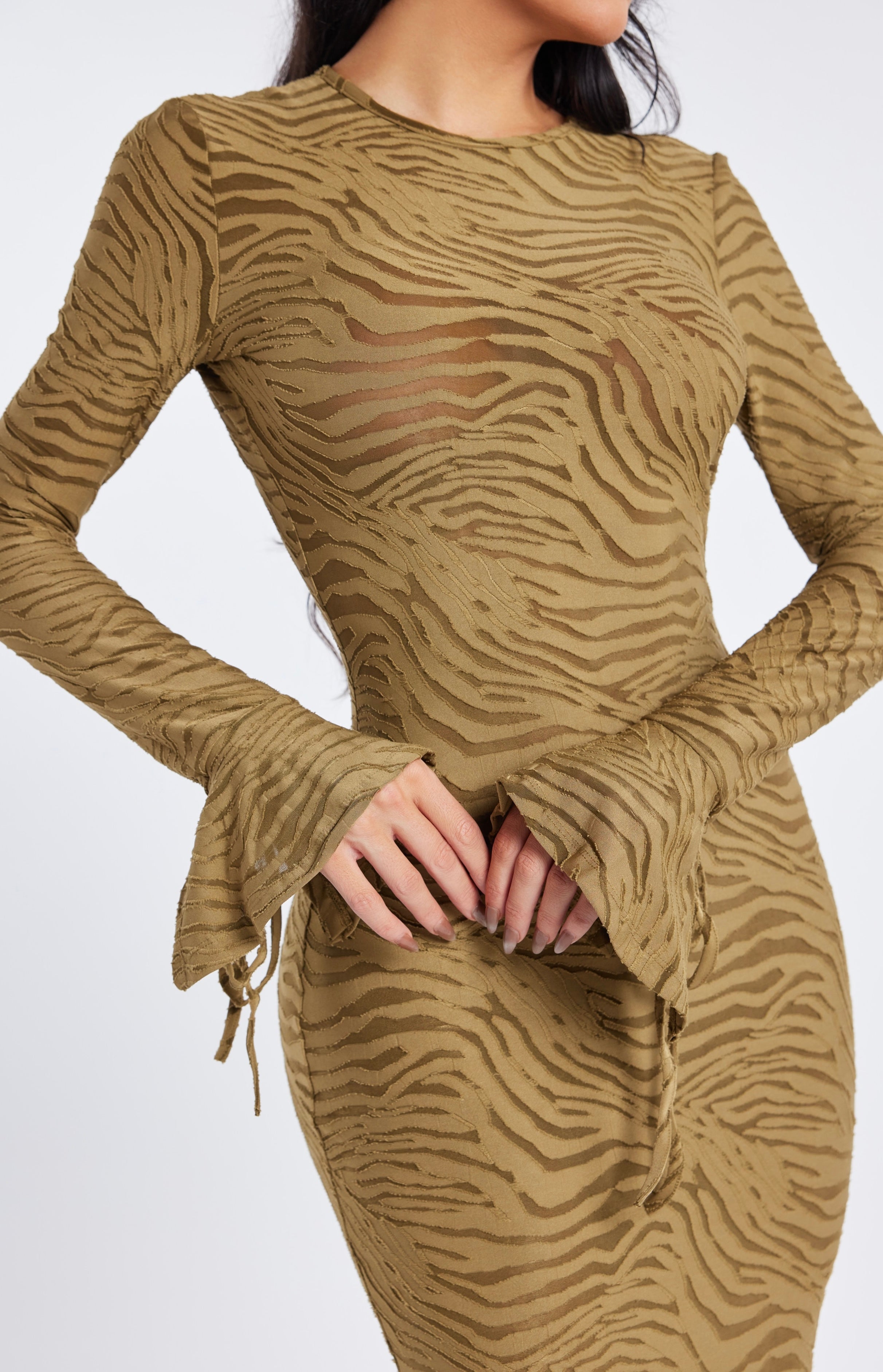 Maya Long Sleeve Flared Maxi - Olive Zebra