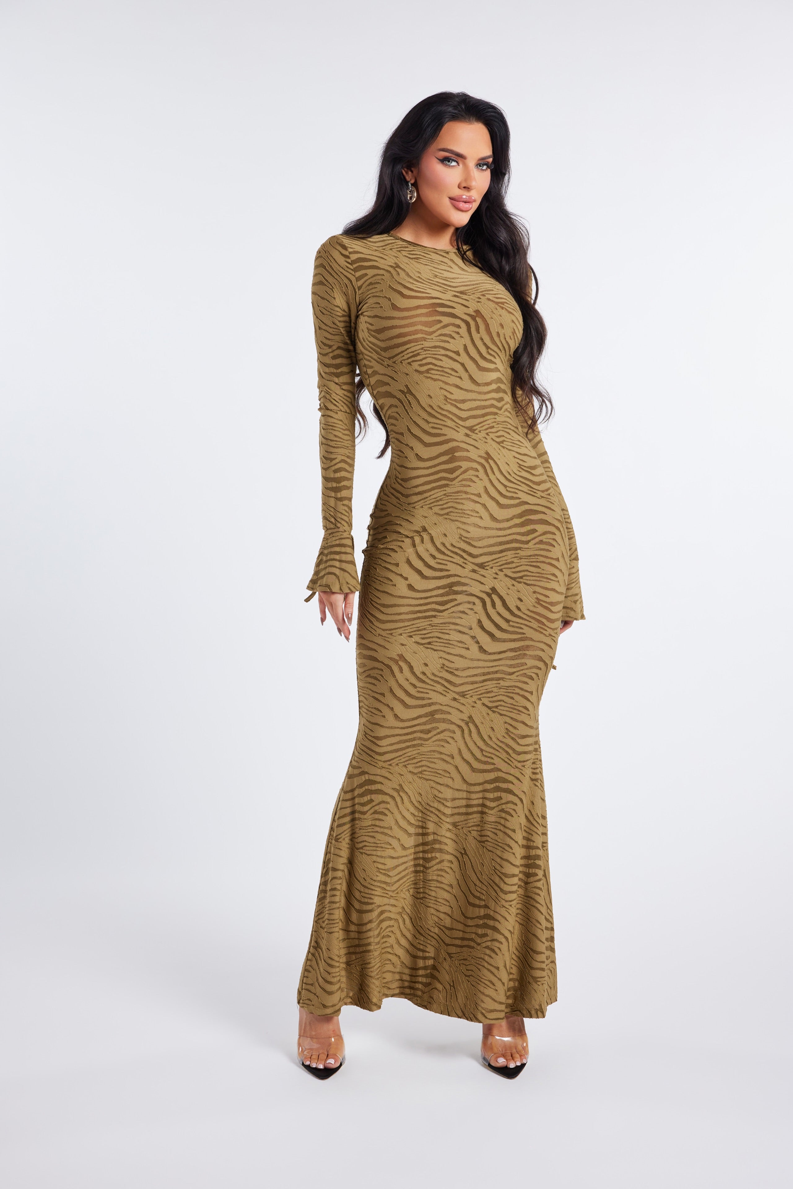 Maya Long Sleeve Flared Maxi - Olive Zebra