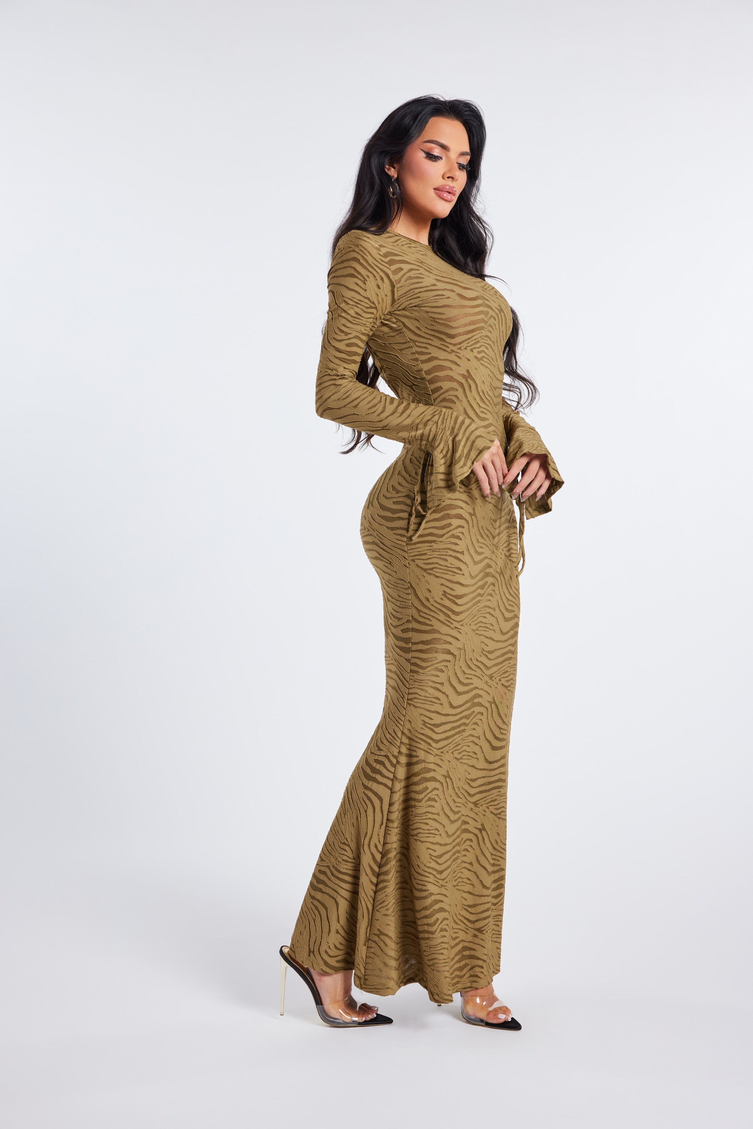 Maya Long Sleeve Flared Maxi - Olive Zebra
