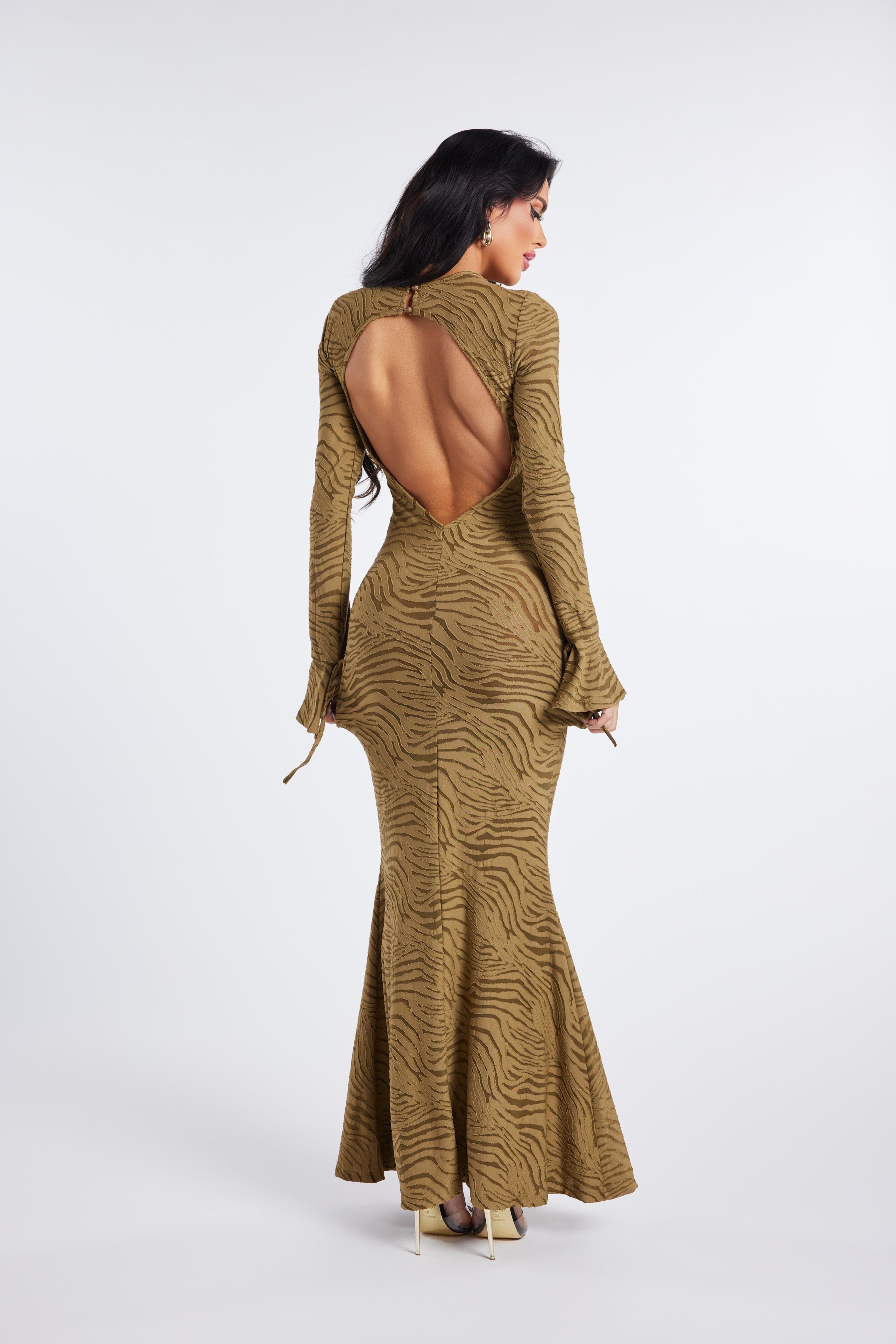 Maya Long Sleeve Flared Maxi - Olive Zebra