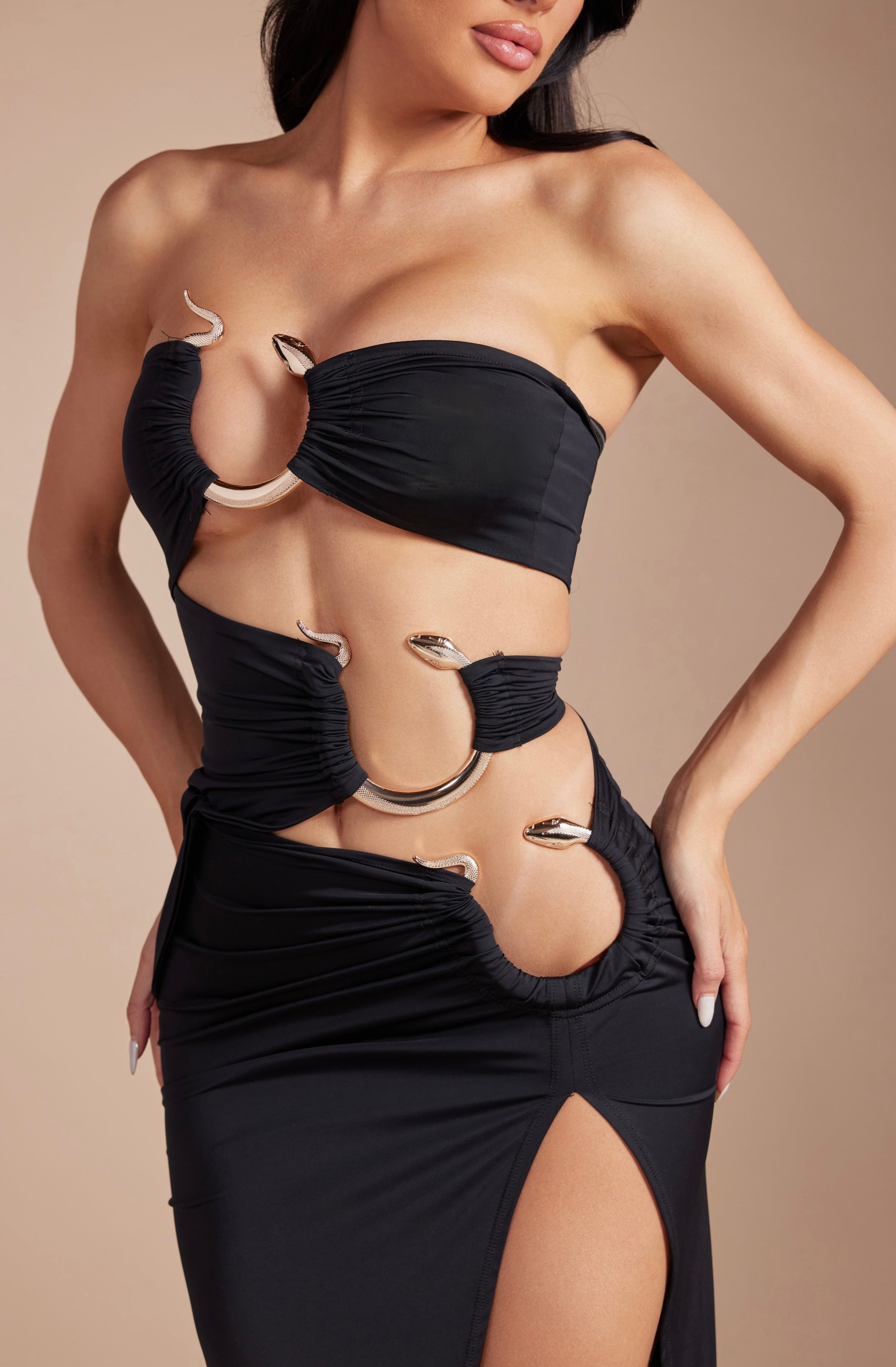 Metallic Snake Detail Ruched Cutout Strapless Maxi Dress