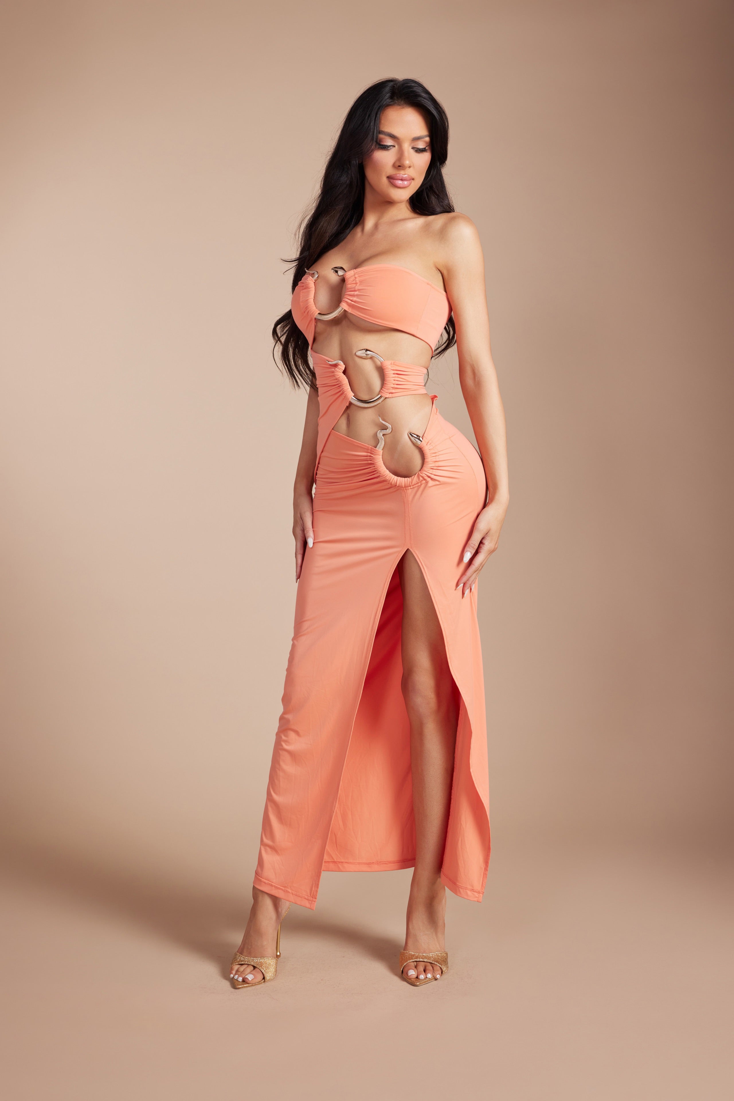 Metallic Snake Detail Ruched Cutout Strapless Maxi Dress