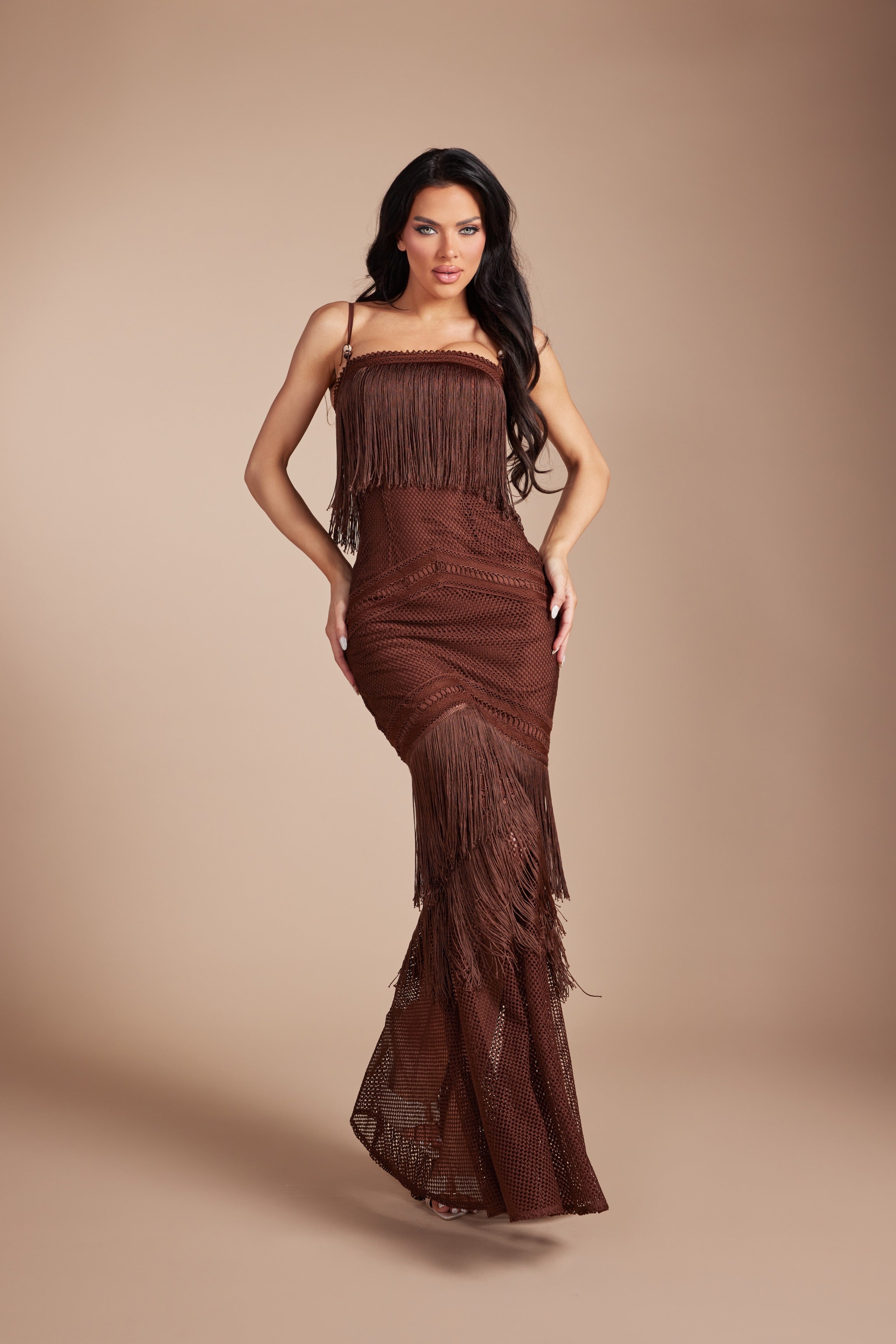 Boho Glam Tiered Fringe Crochet Mesh Maxi Dress