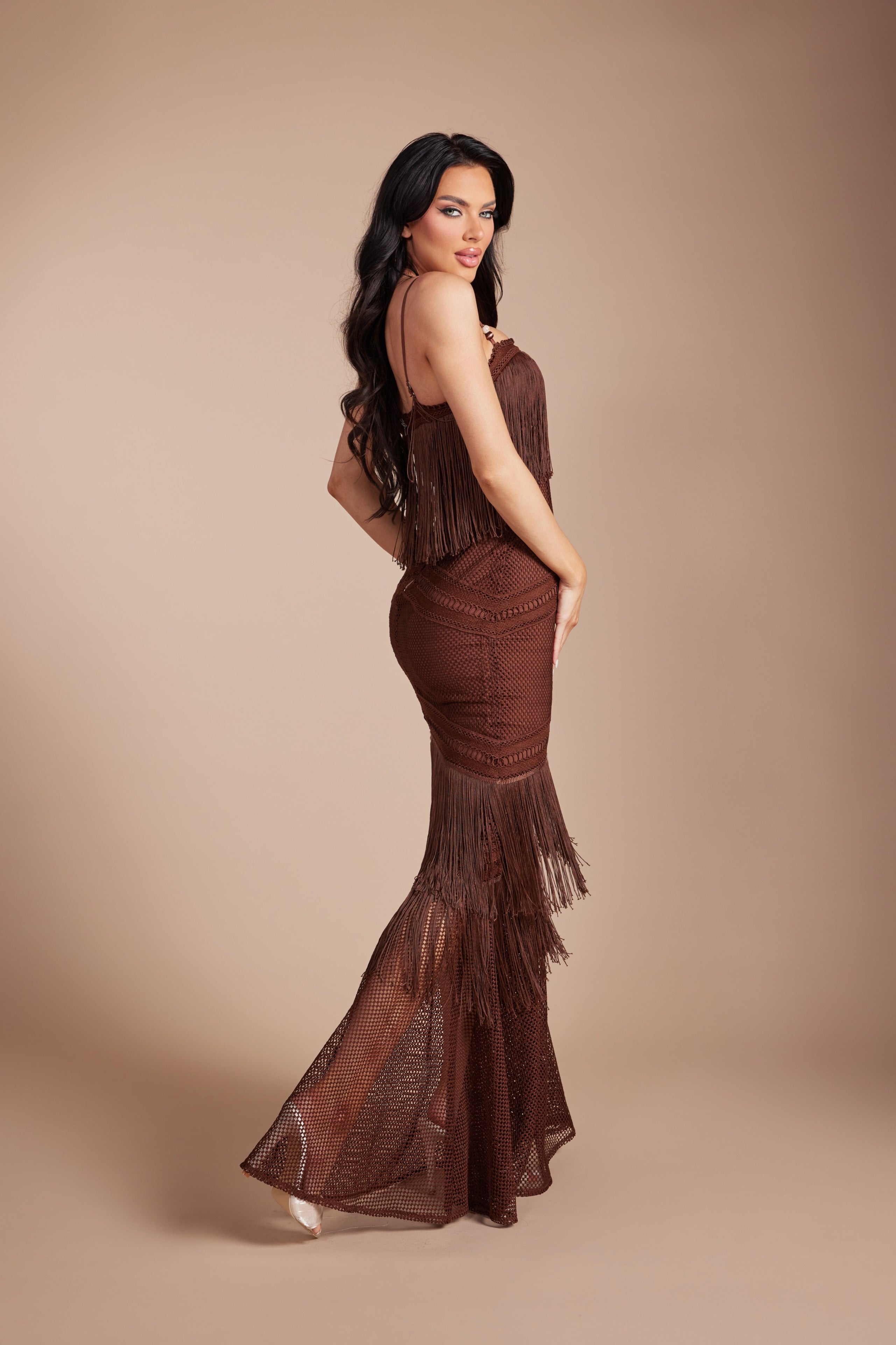 Boho Glam Tiered Fringe Crochet Mesh Maxi Dress