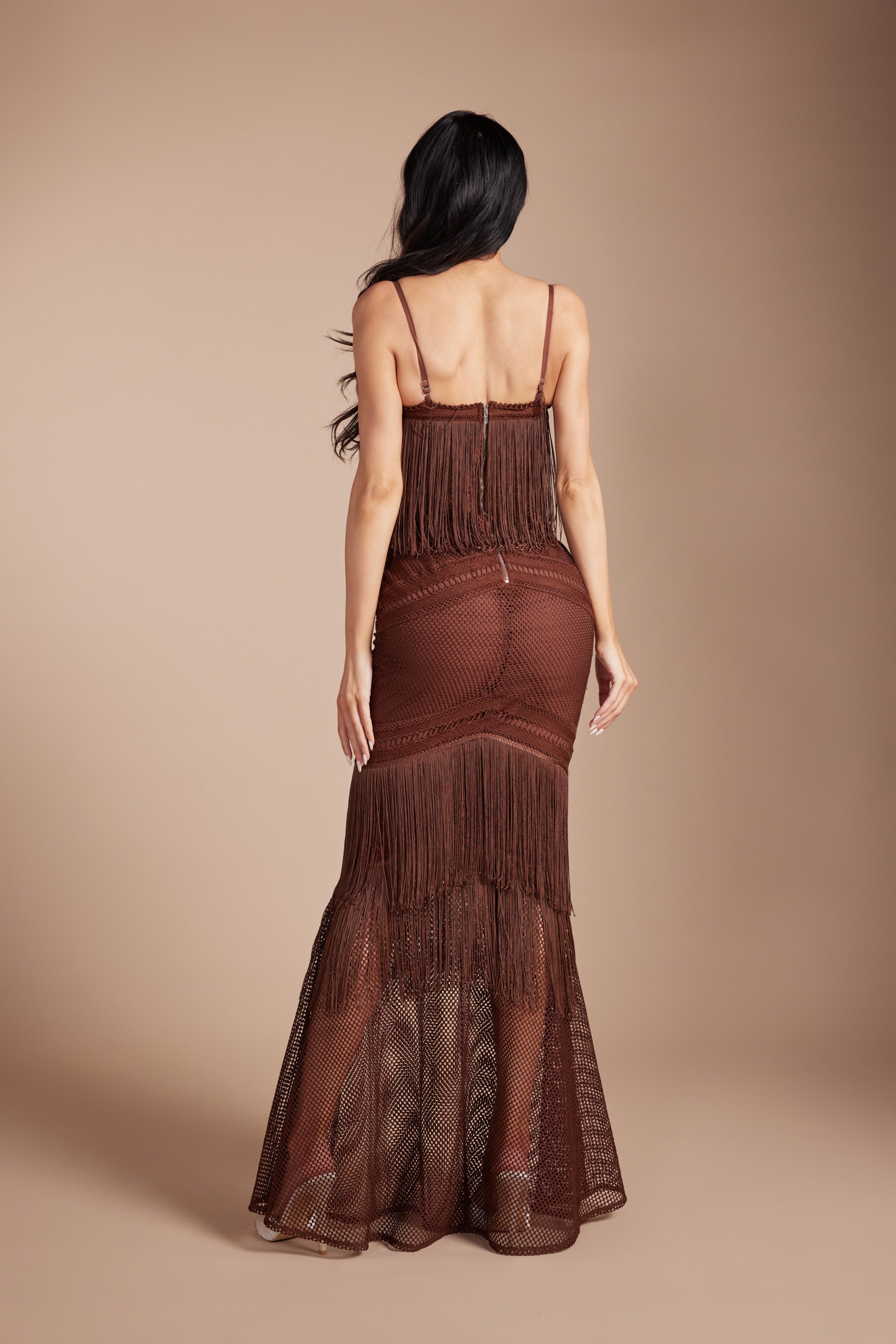 Boho Glam Tiered Fringe Crochet Mesh Maxi Dress
