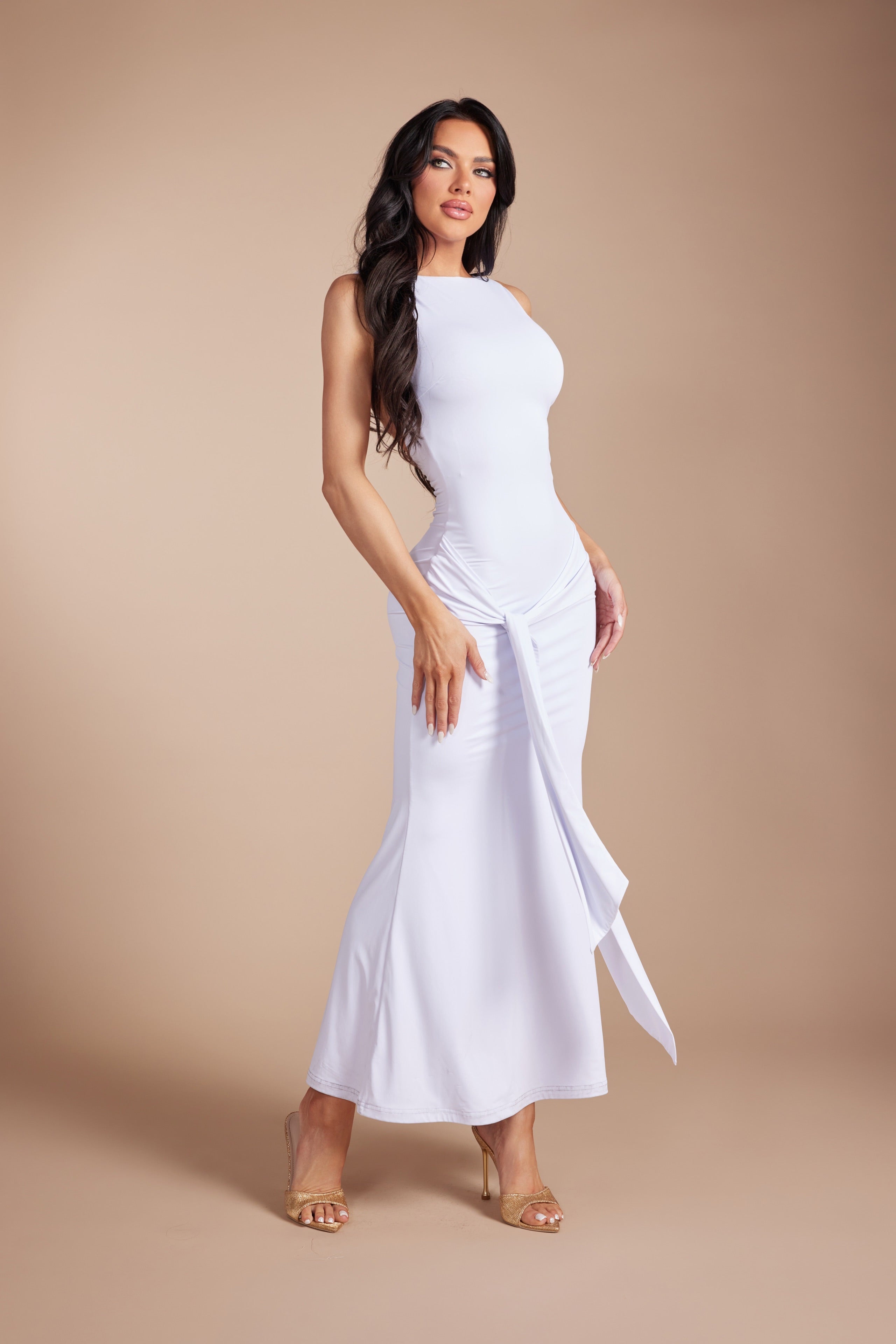 Celine Draped Knot Open-Back Maxi Dress
