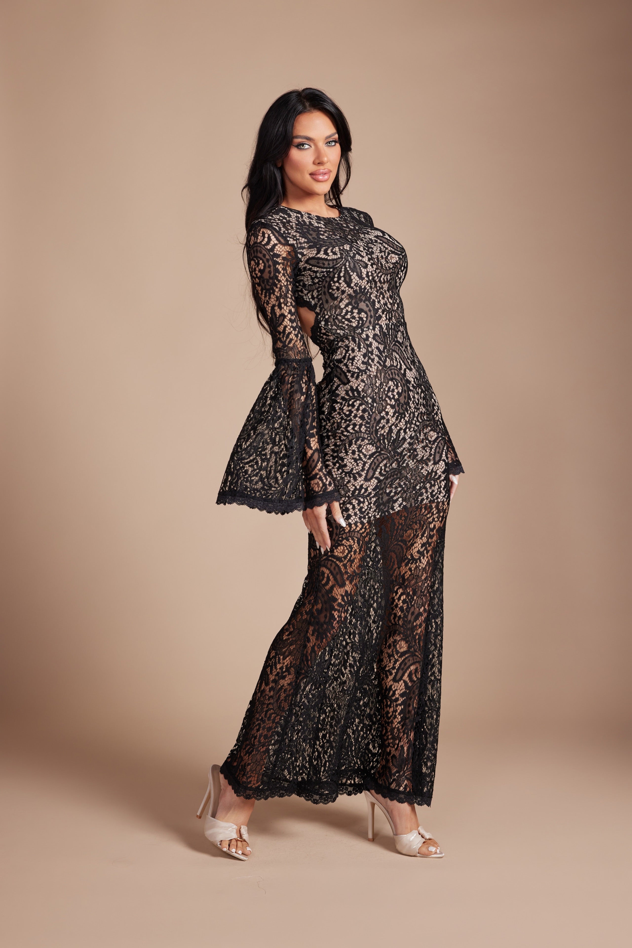 Elegant Floral Lace Backless Maxi Dress  Flare Bell Sleeve