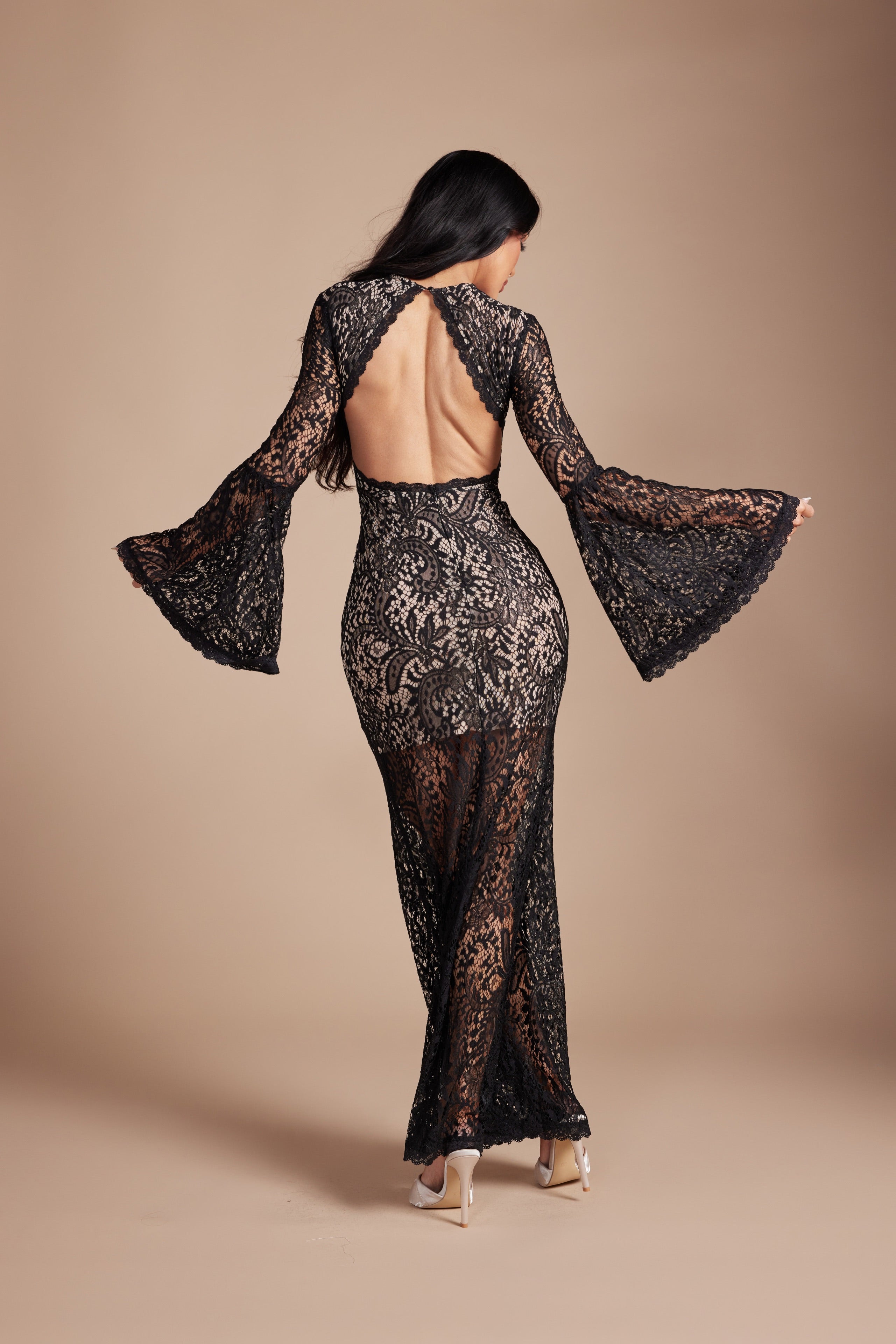 Elegant Floral Lace Backless Maxi Dress  Flare Bell Sleeve