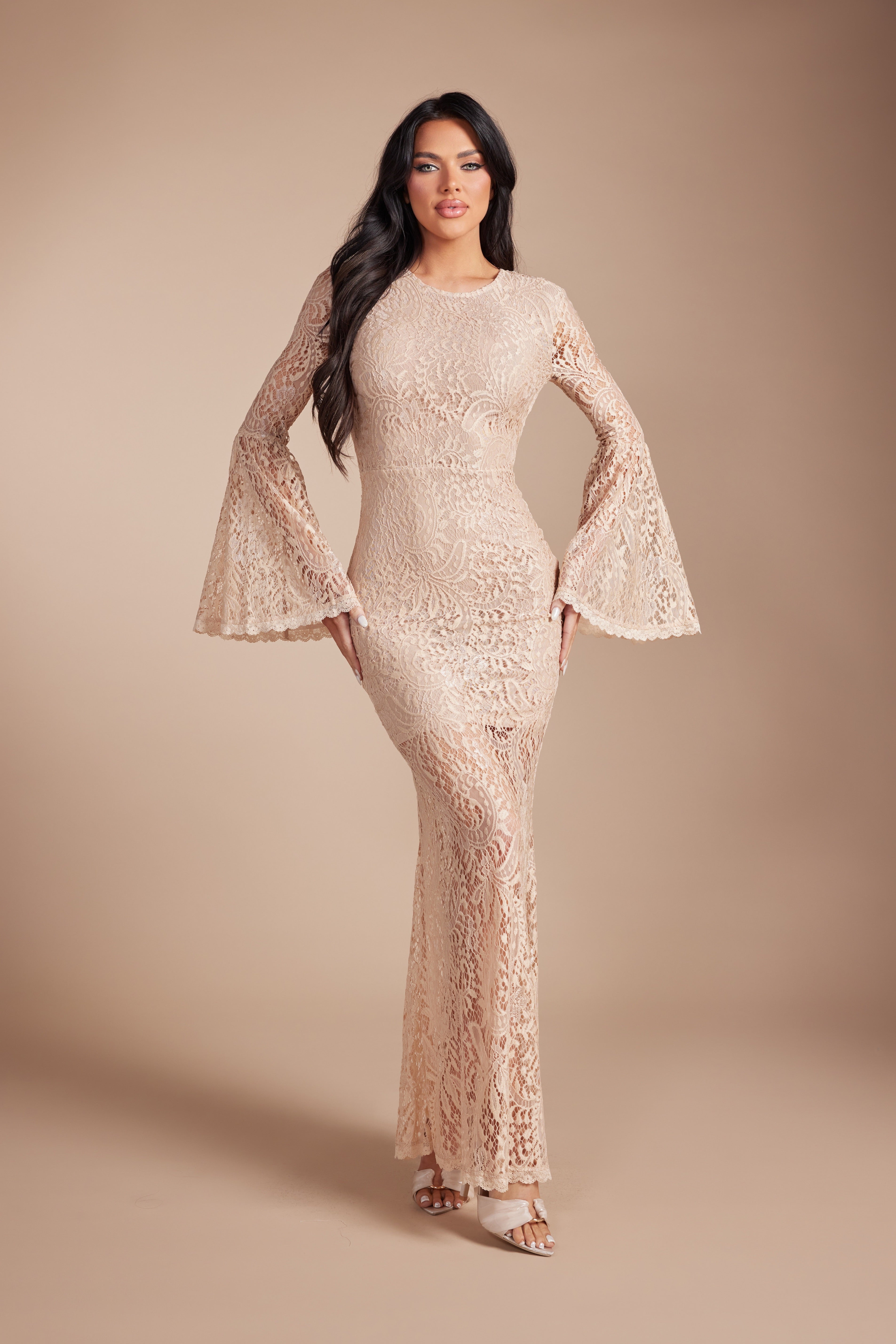 Elegant Floral Lace Backless Maxi Dress  Flare Bell Sleeve