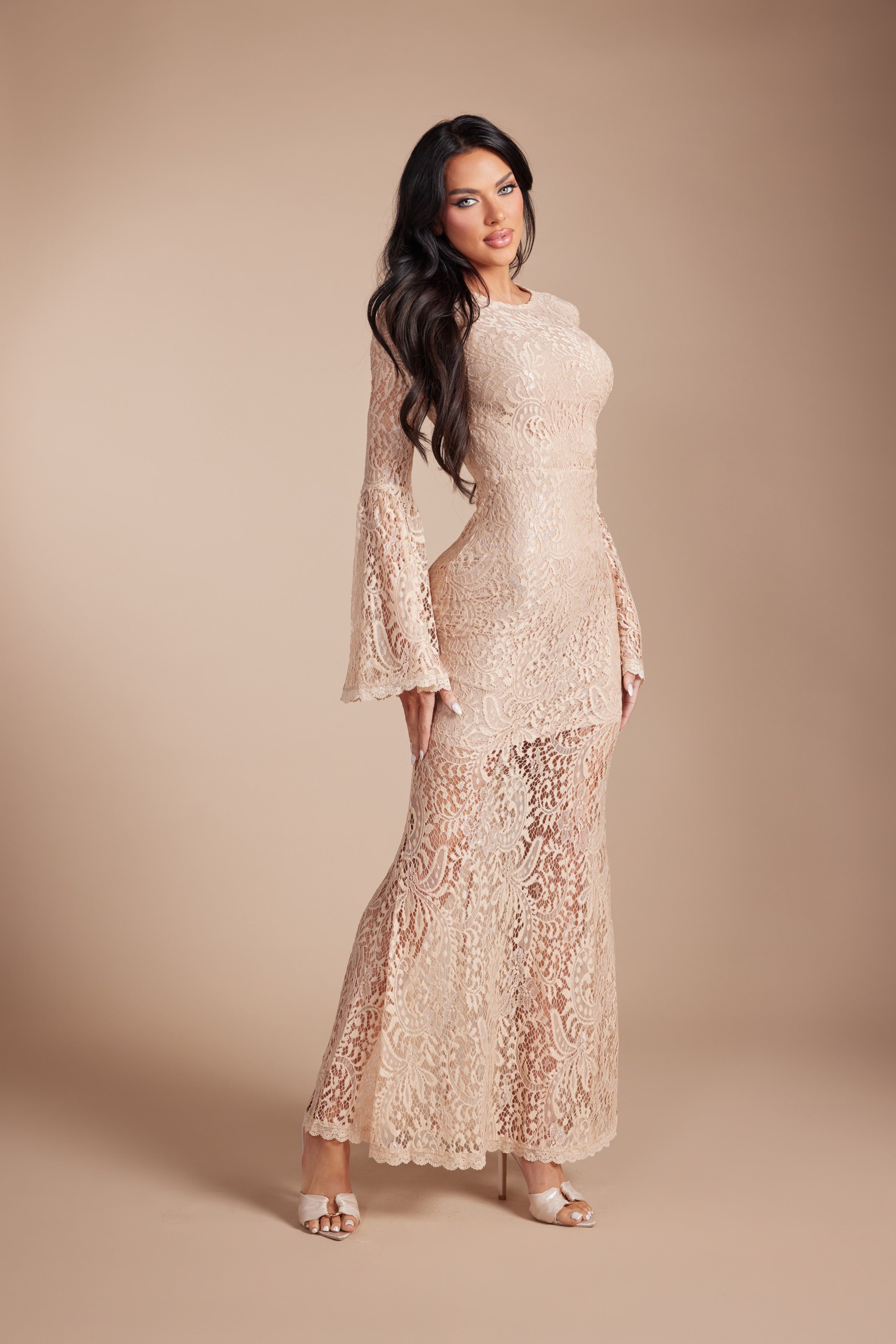 Elegant Floral Lace Backless Maxi Dress  Flare Bell Sleeve