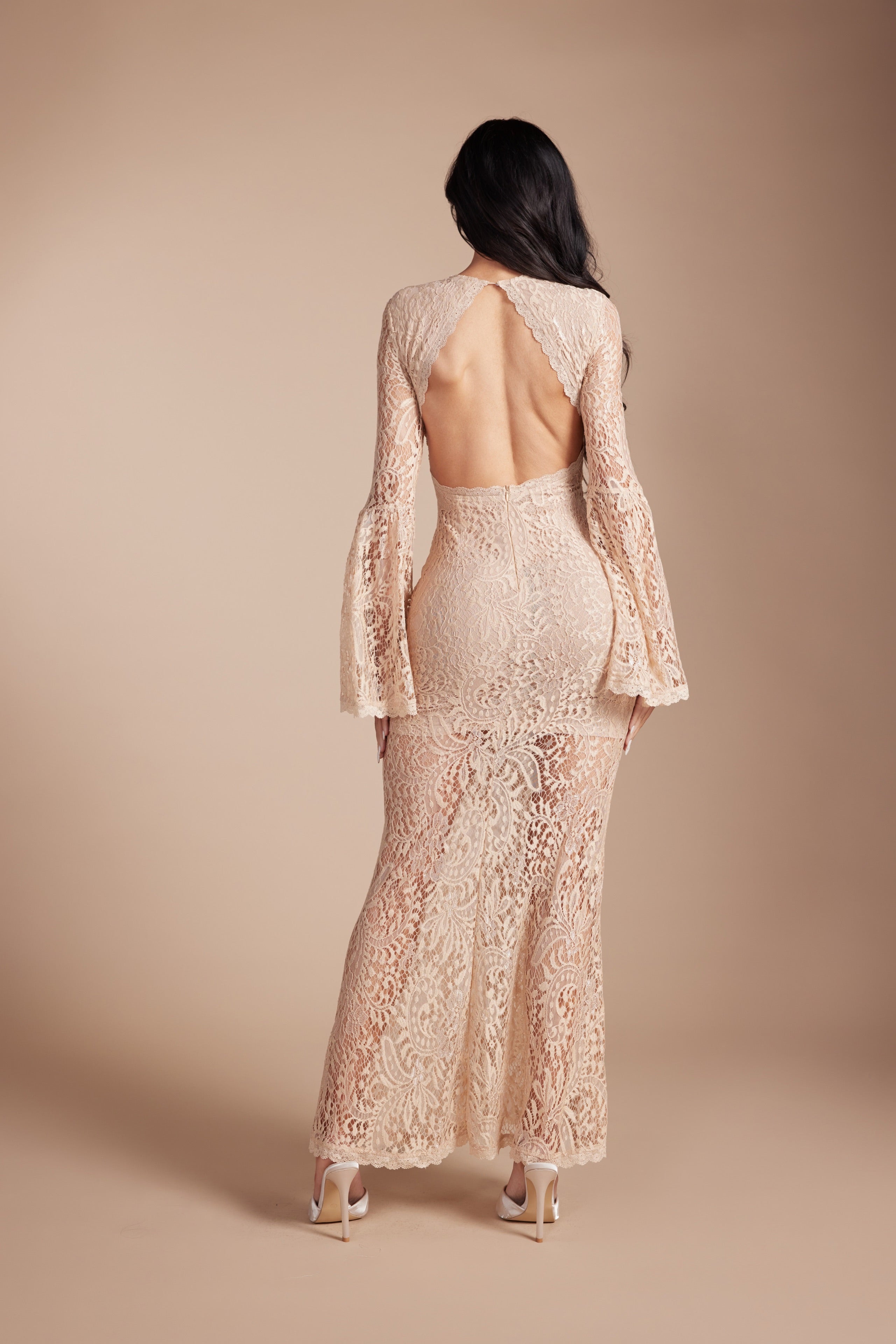 Elegant Floral Lace Backless Maxi Dress  Flare Bell Sleeve