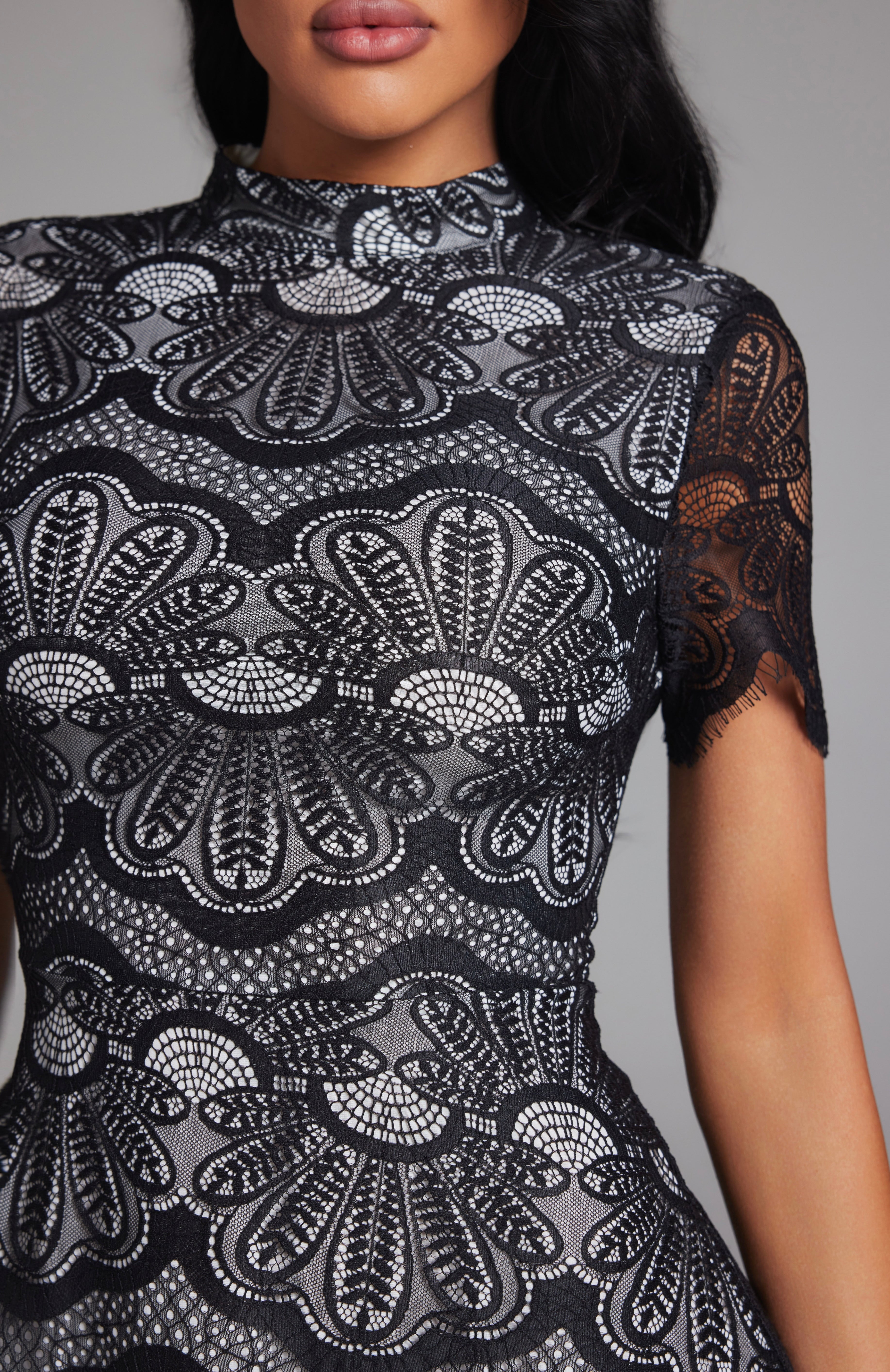 Open-Back Lace Mini Dress with Pleated Contrast Hem