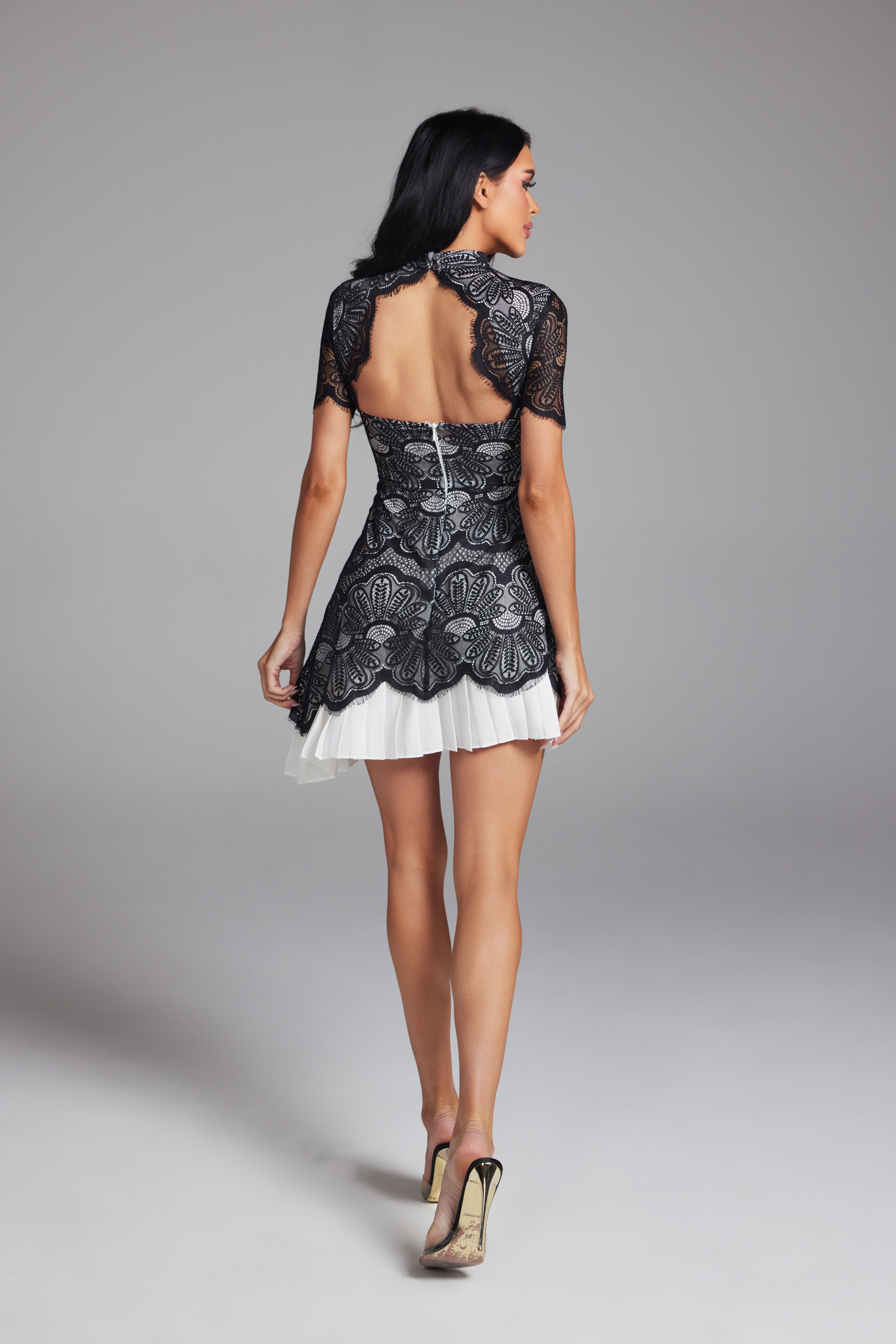 Open-Back Lace Mini Dress with Pleated Contrast Hem