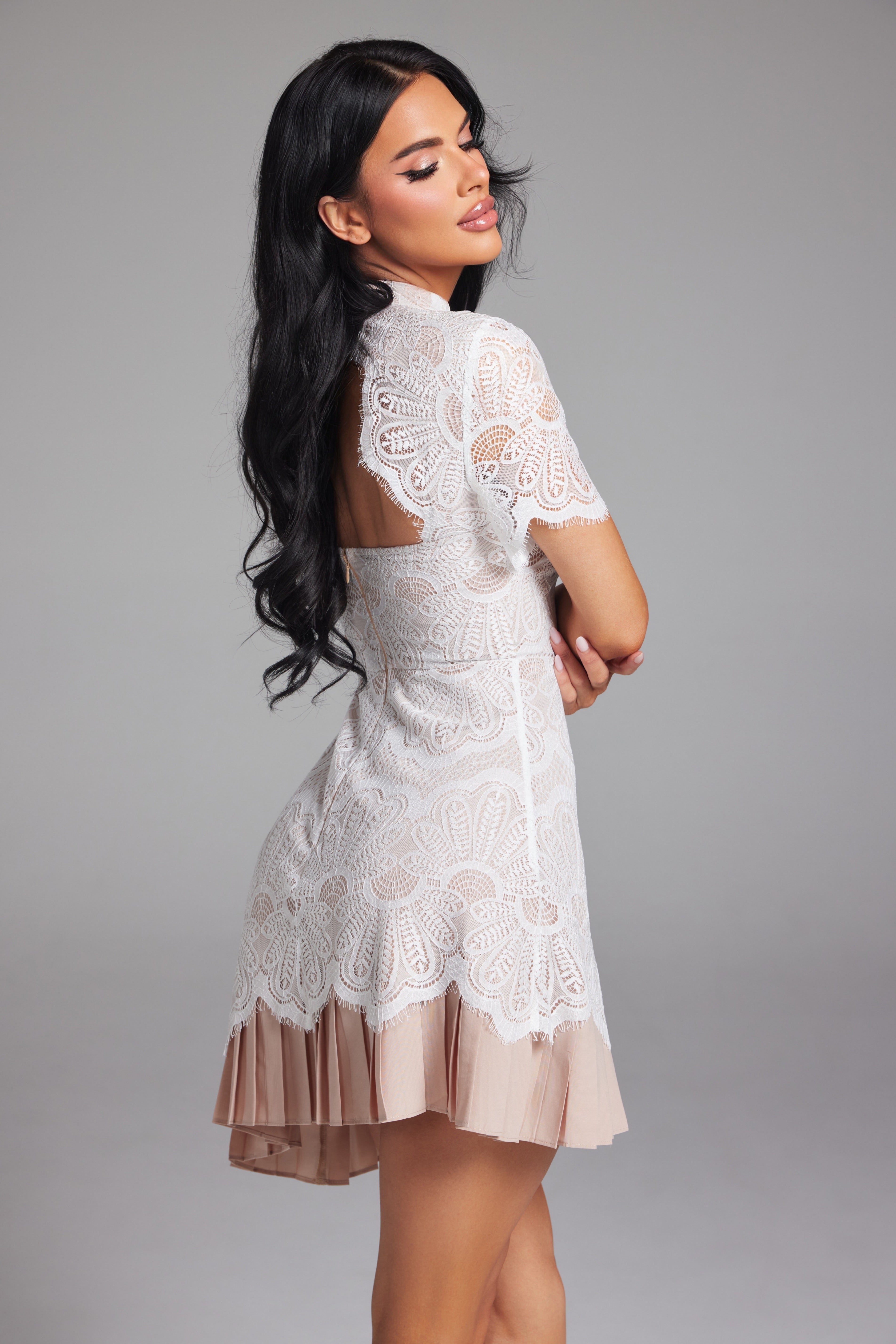 Open-Back Lace Mini Dress with Pleated Contrast Hem