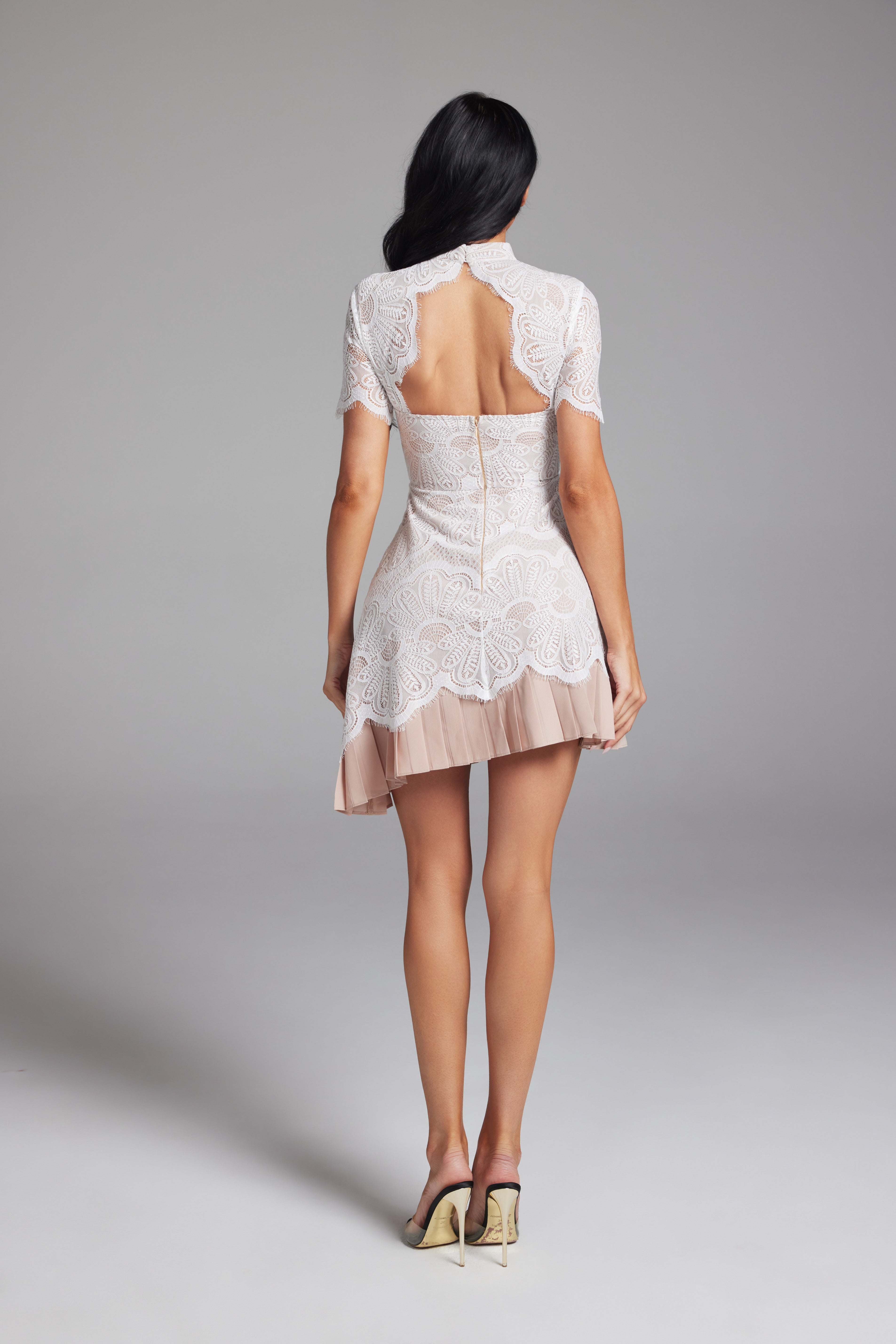 Open-Back Lace Mini Dress with Pleated Contrast Hem