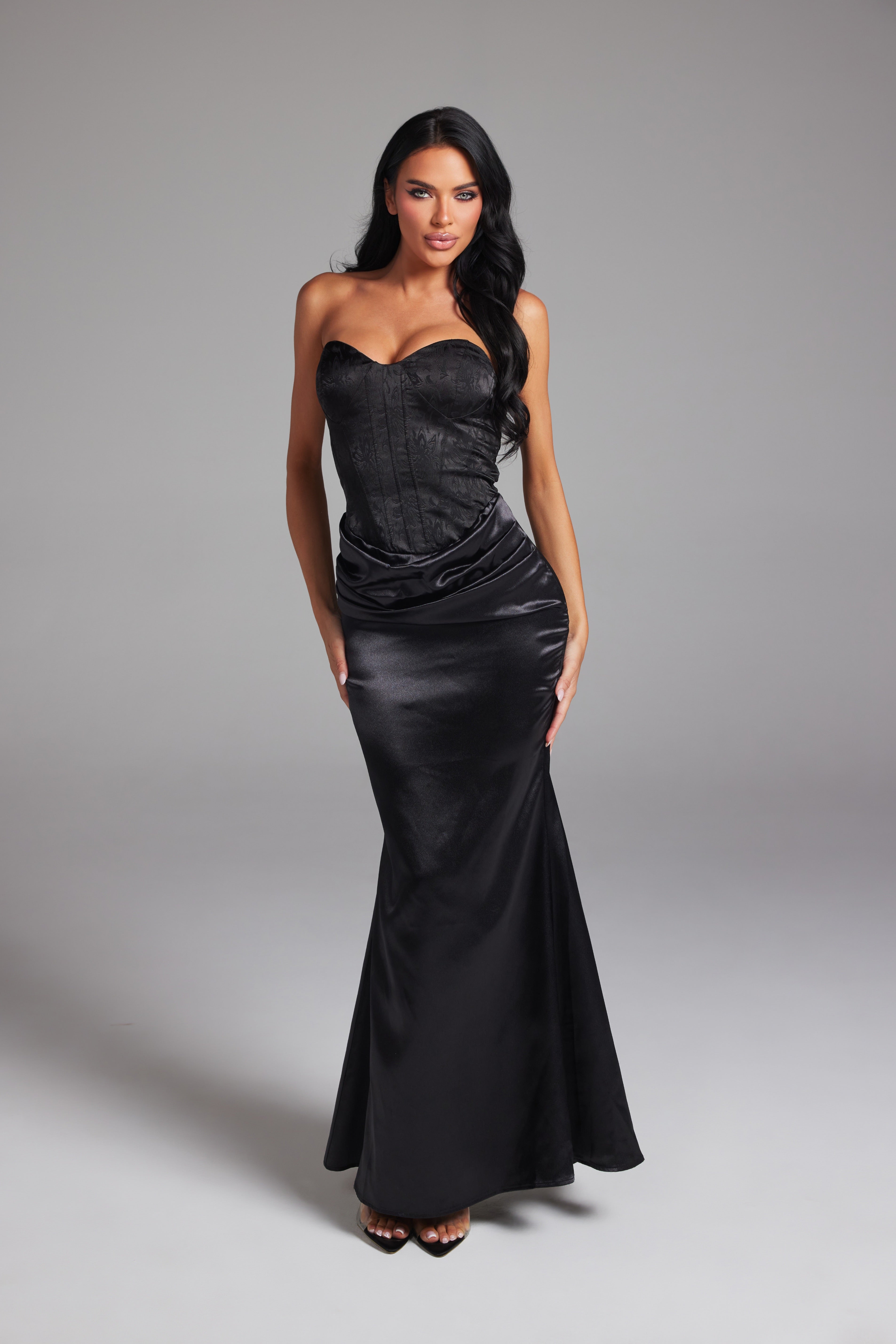 Strapless Corset Brocade Top Satin Maxi Dress