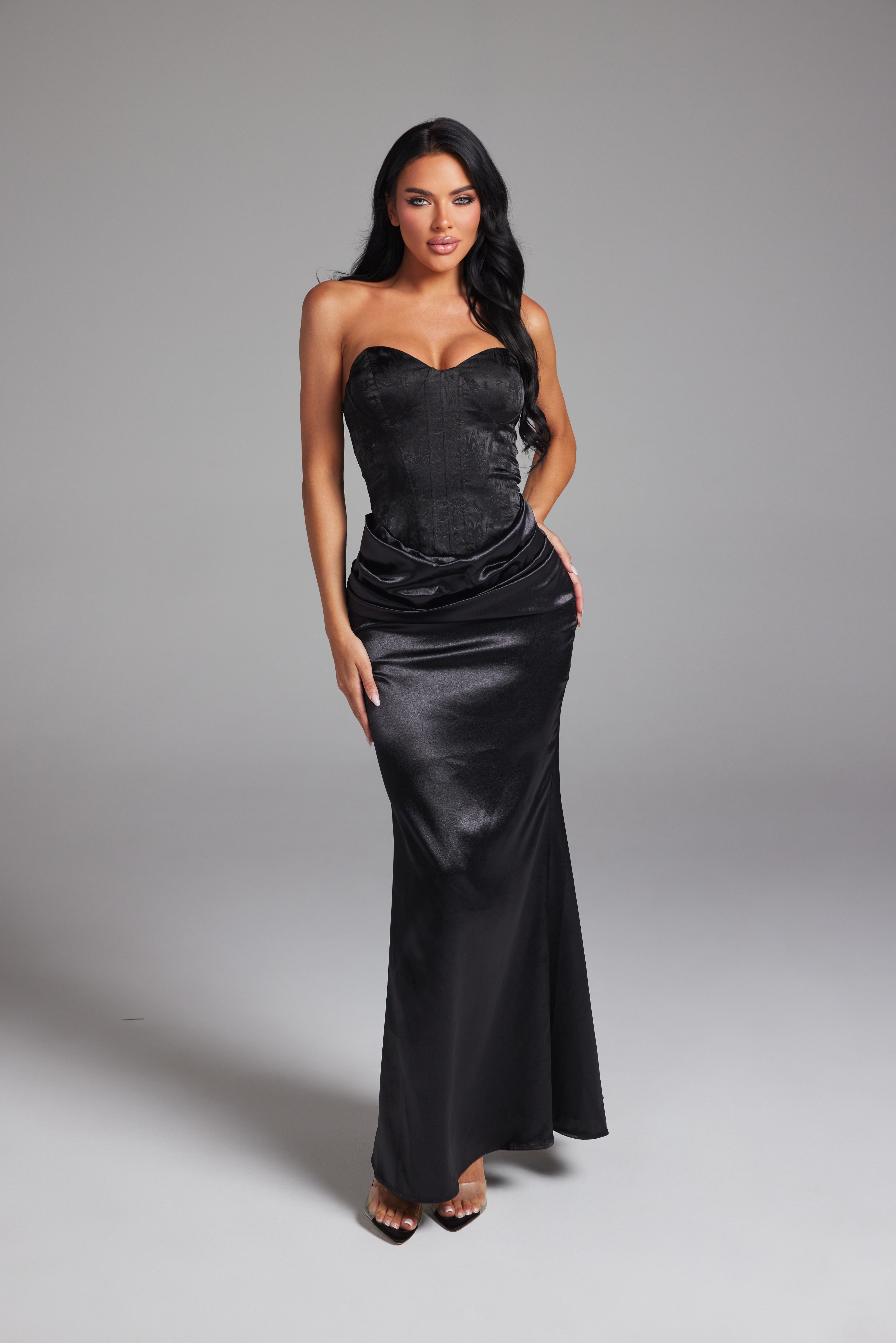 Strapless Corset Brocade Top Satin Maxi Dress