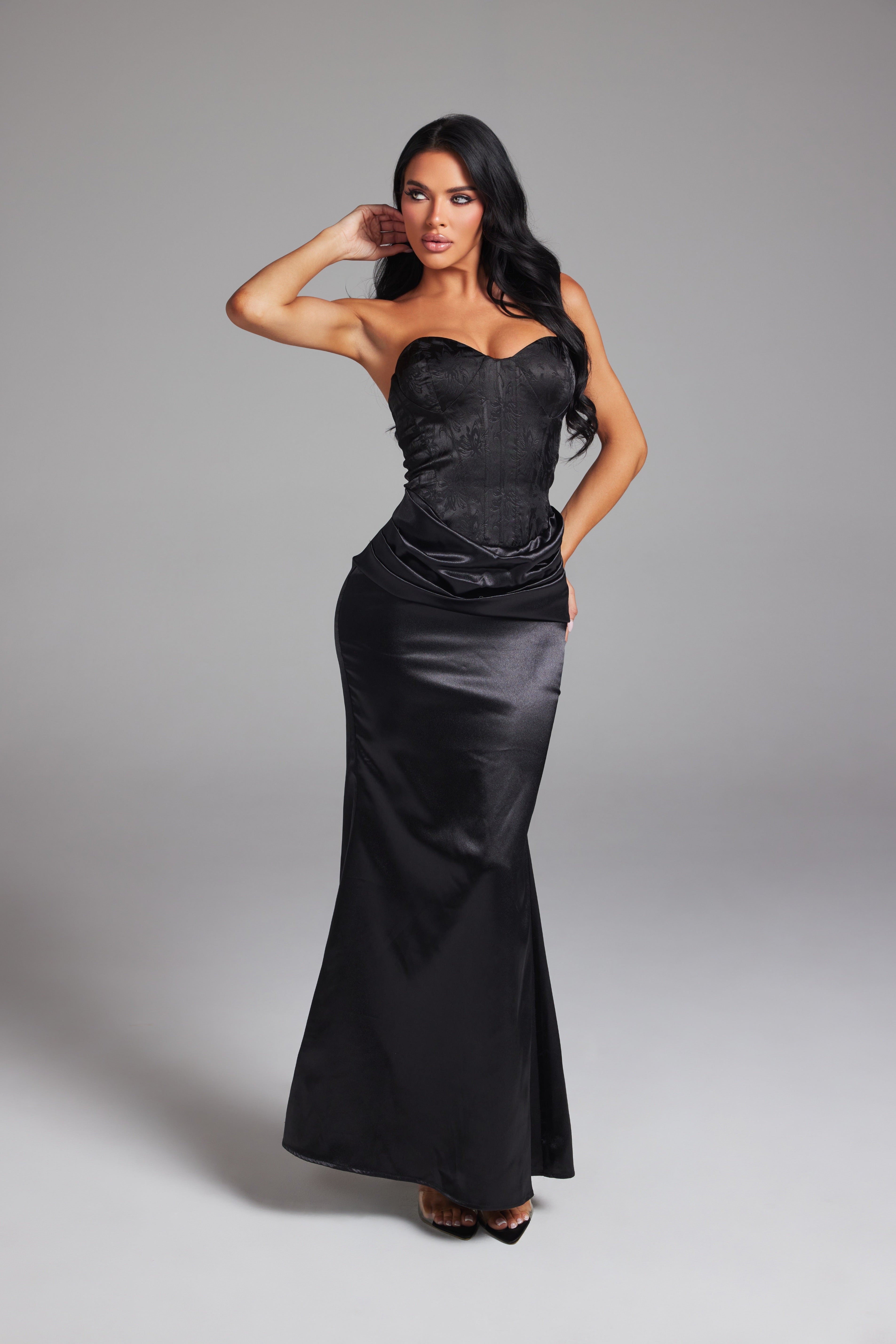 Strapless Corset Brocade Top Satin Maxi Dress