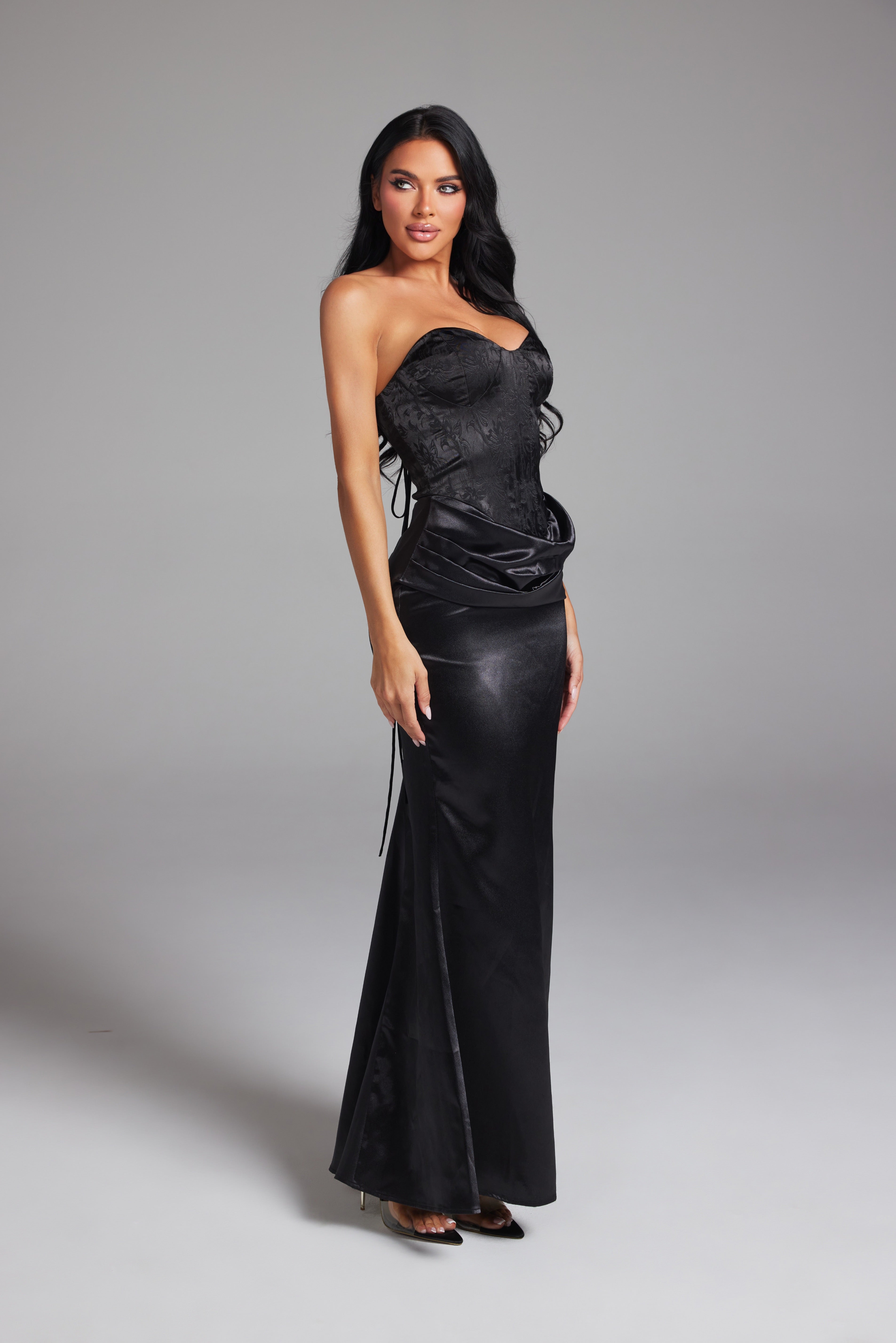 Strapless Corset Brocade Top Satin Maxi Dress