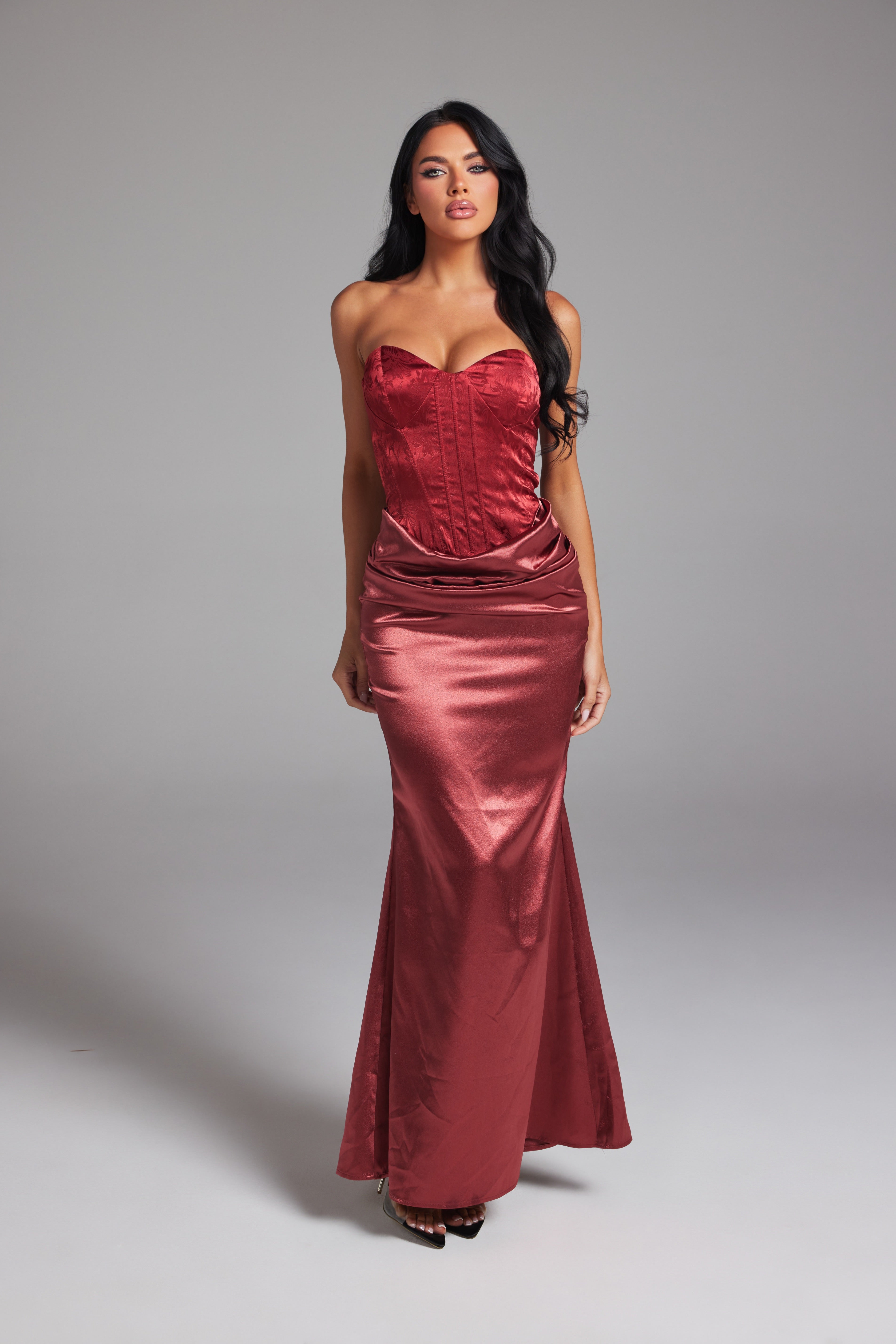 Strapless Corset Brocade Top Satin Maxi Dress