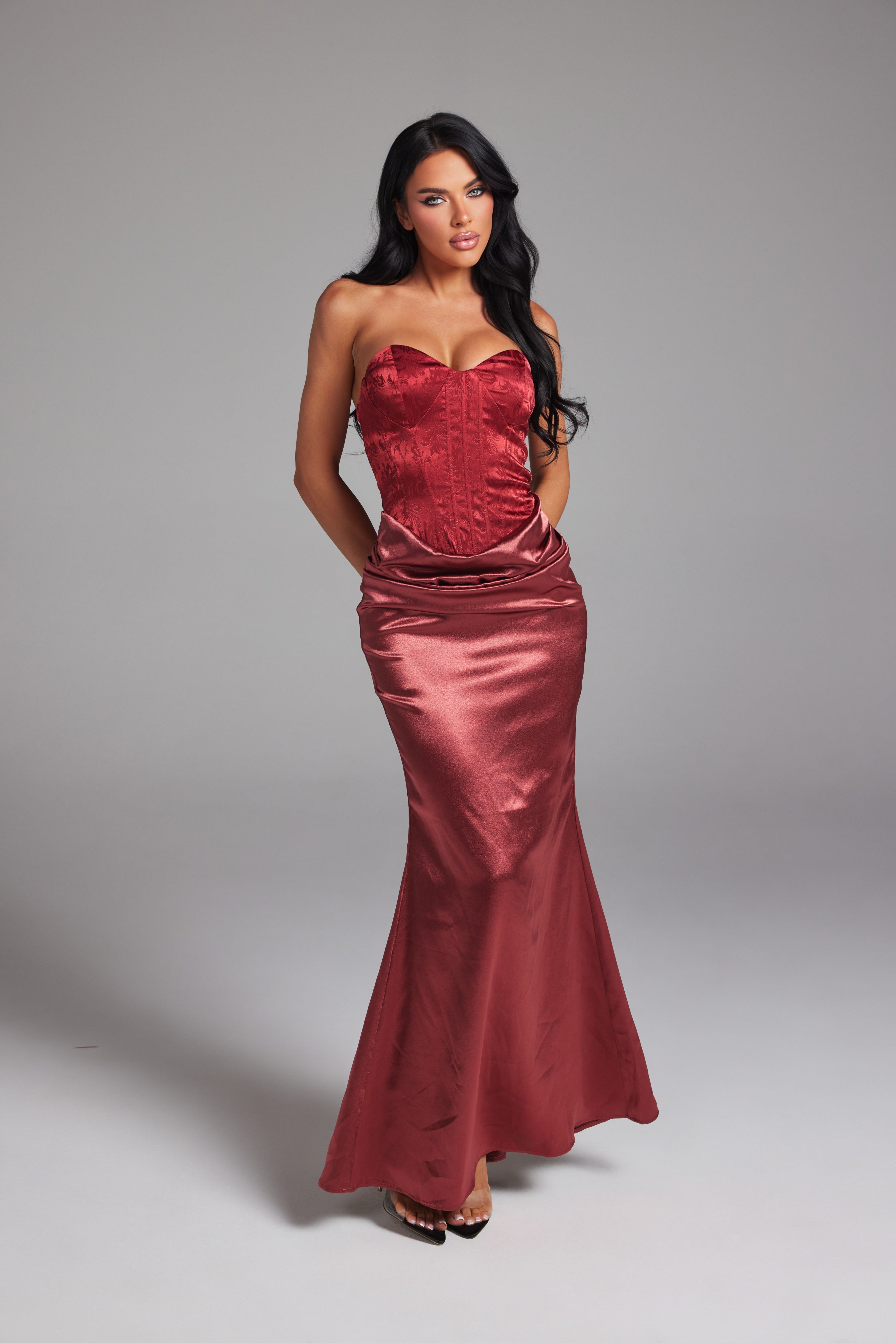 Strapless Corset Brocade Top Satin Maxi Dress