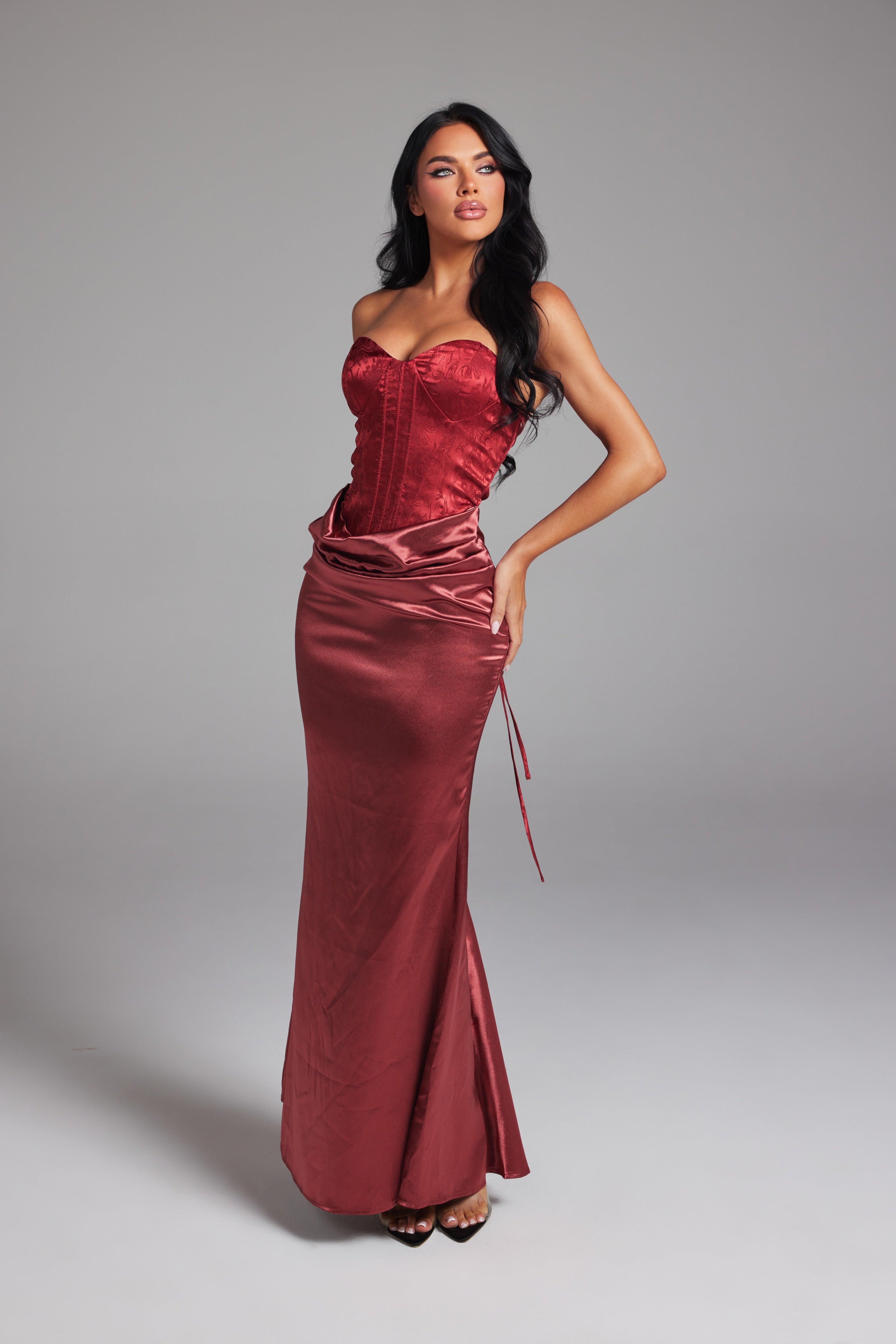 Strapless Corset Brocade Top Satin Maxi Dress